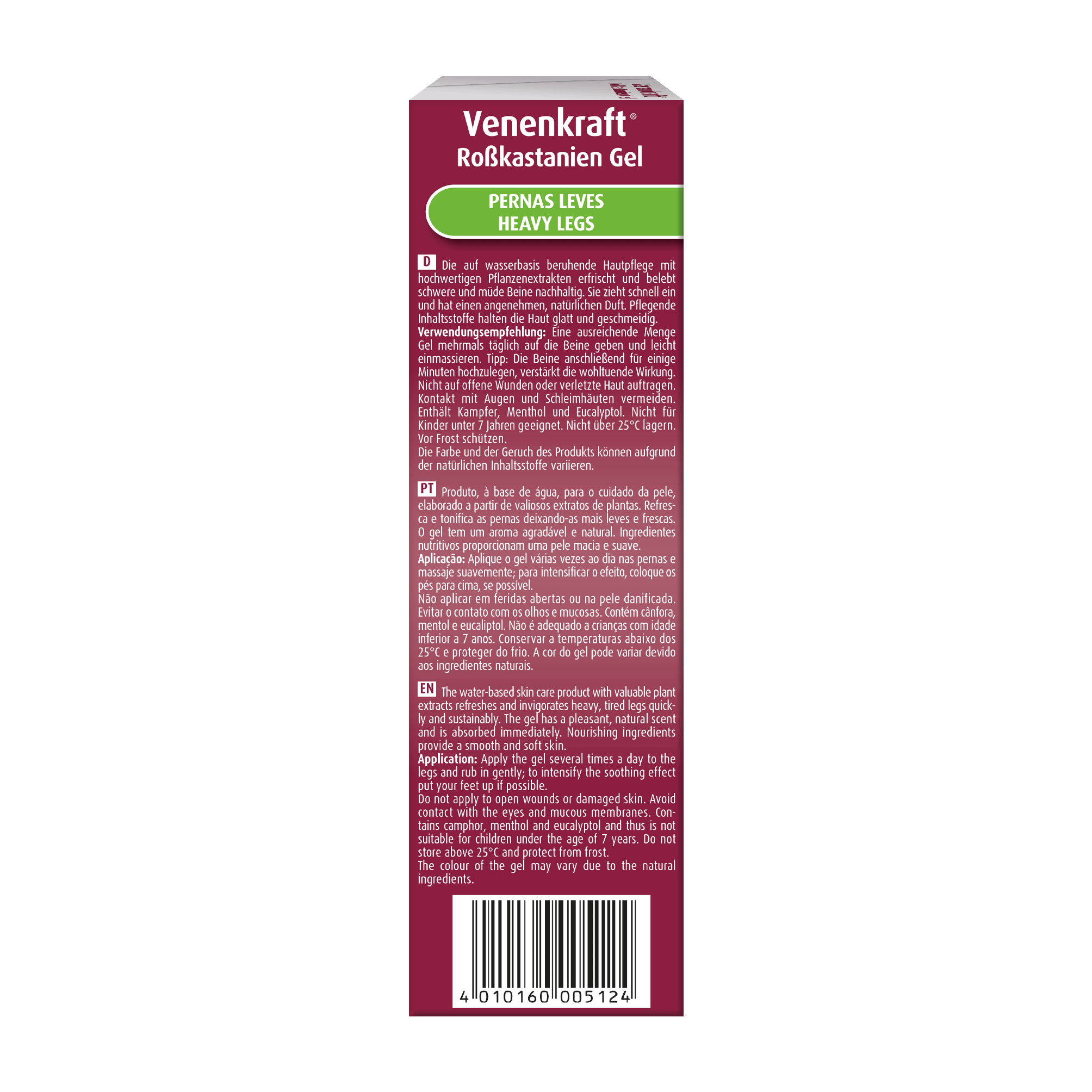 Eine kastanienbraune und grüne Schachtel Venenkraft Rosskastanien-Gel für schwere Beine mit Produktinformationen in mehreren Sprachen.