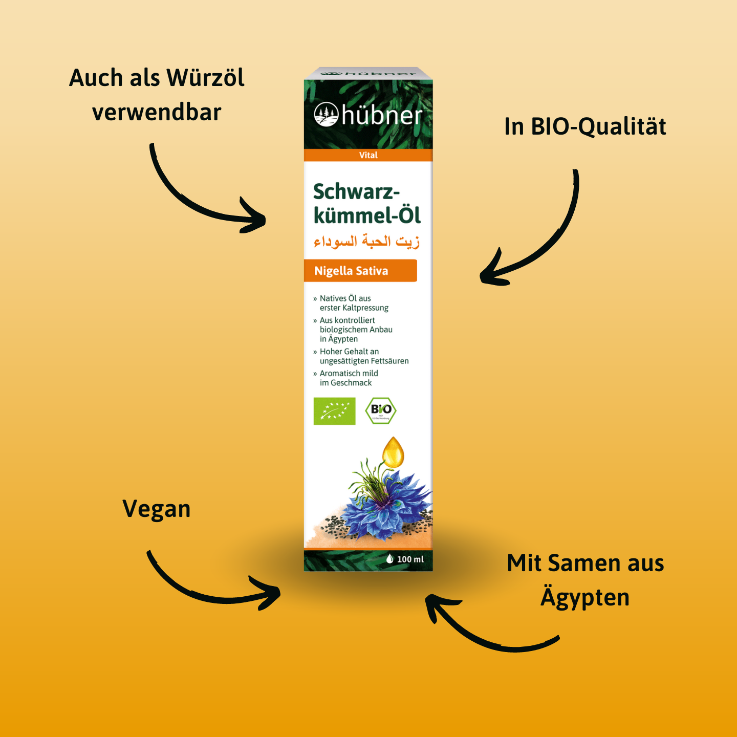 Schachtel Hübner Schwarzkümmelöl auf orangefarbenem Hintergrund mit Text, der die Bio-, veganen und ägyptischen Samenqualitäten hervorhebt.