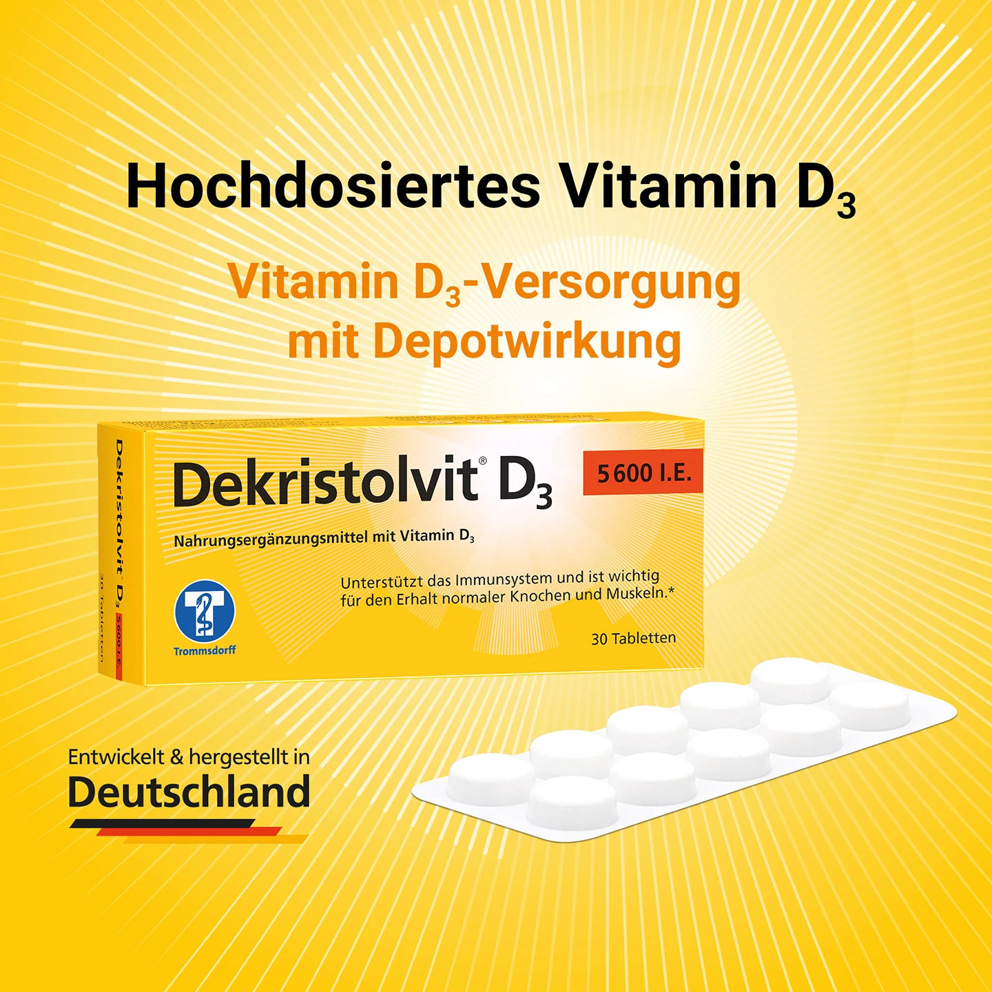 Schachtel mit Dekristolvit D3-Tabletten auf gelbem Hintergrund mit einem Text, der für hochdosiertes Vitamin D3 aus Deutschland wirbt. Die Blisterpackung ist auf der Vorderseite abgebildet.