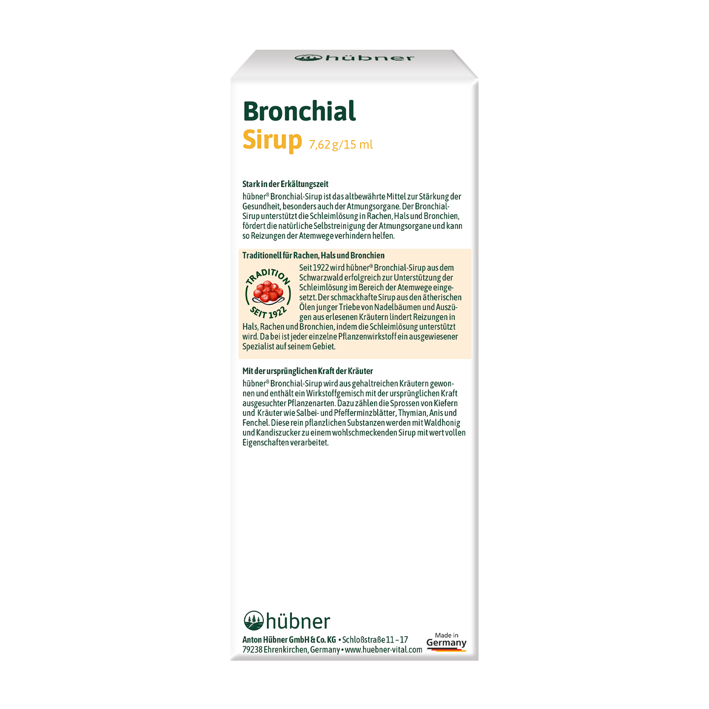Vorderansicht einer Schachtel mit der Aufschrift „Bronchial Sirup“ von Hübner, mit deutschem Text und Dosierungsangaben auf weißem Hintergrund.