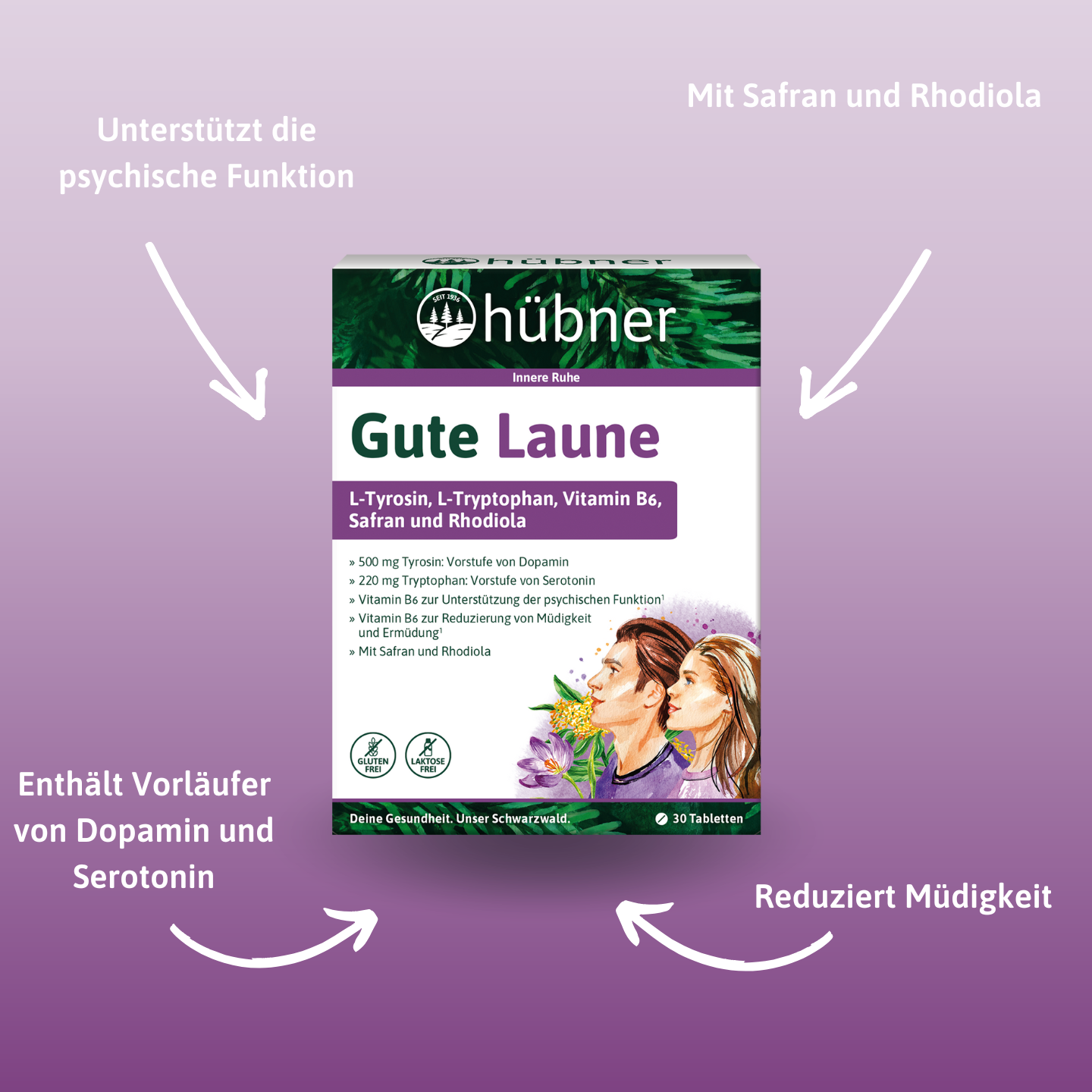 Schachtel mit Gute-Laune-Beilagen mit Vorteilen in deutscher Sprache, umgeben von Pfeilen auf einem violetten Hintergrund mit Farbverlauf.