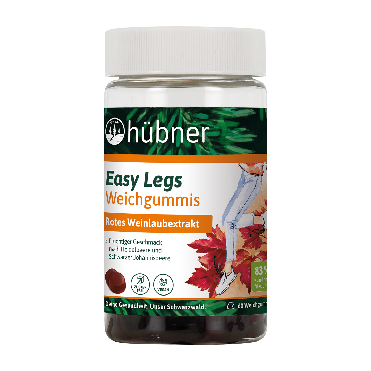 Ein Glas Hübner Easy Legs Gummibärchen mit abgebildeten Beinen, roten Blättern und Produktinformationen auf dem Etikett.