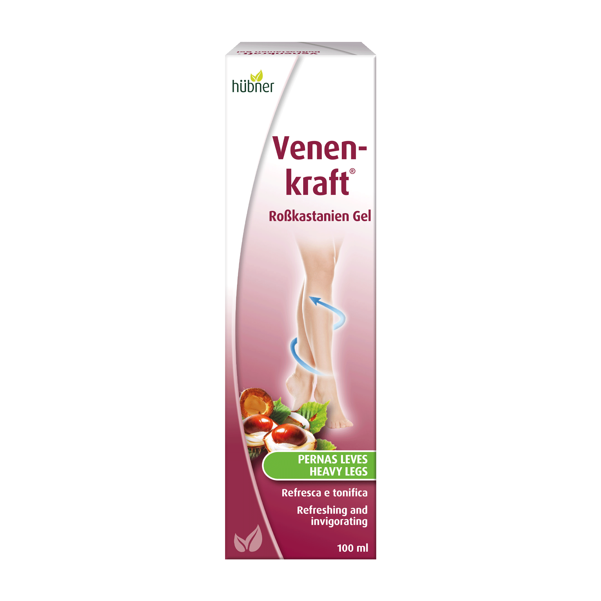 Eine Schachtel Hübner Venekraft Rosskastanien-Gel gegen schwere Beine, mit einem Bild von Beinen und Kastanien auf der Verpackung.