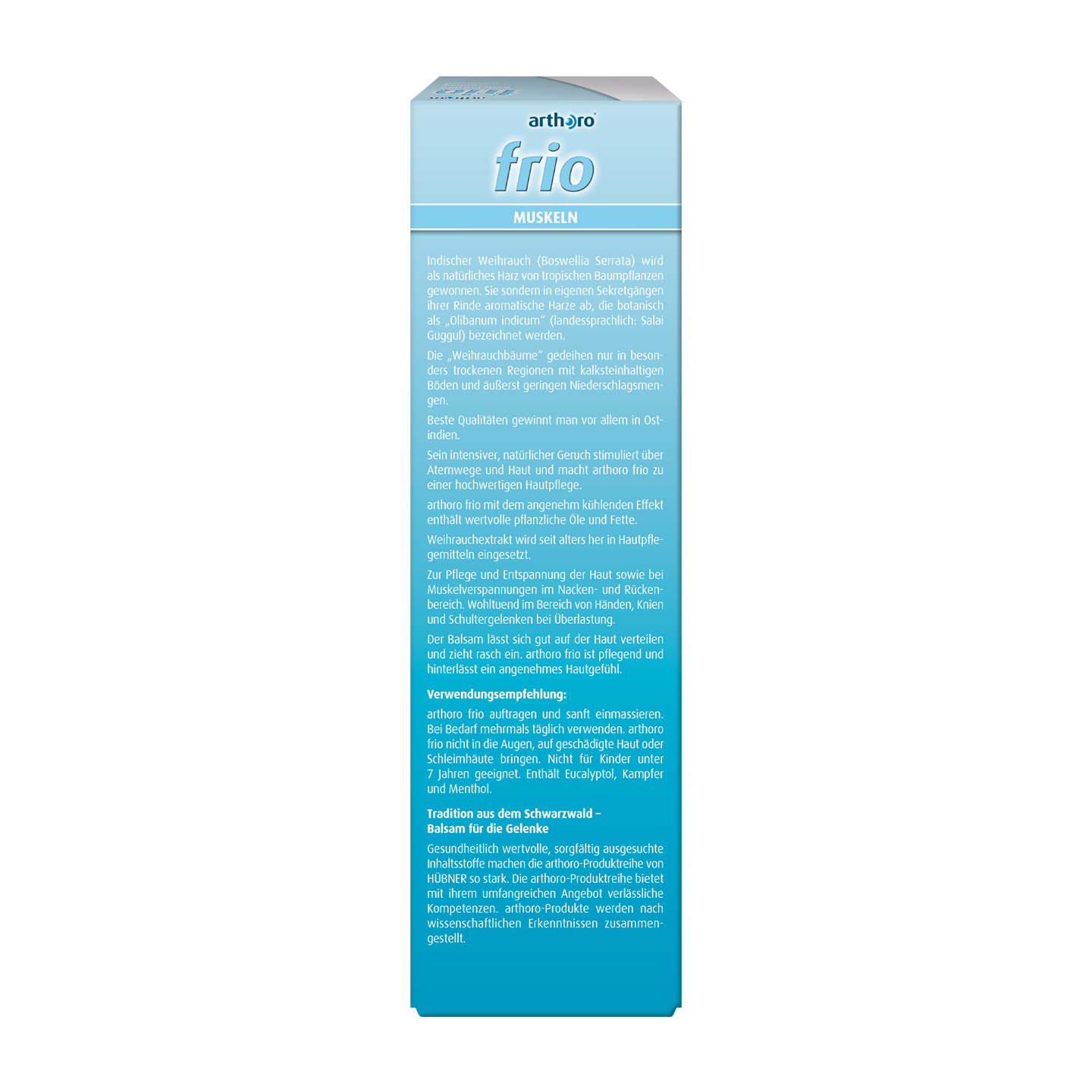 Eine blau-weiße Schachtel mit der Aufschrift „arthoro frio MUSKELN“ und einem deutschen Text, der das Produkt und seine Gebrauchsanweisung beschreibt.