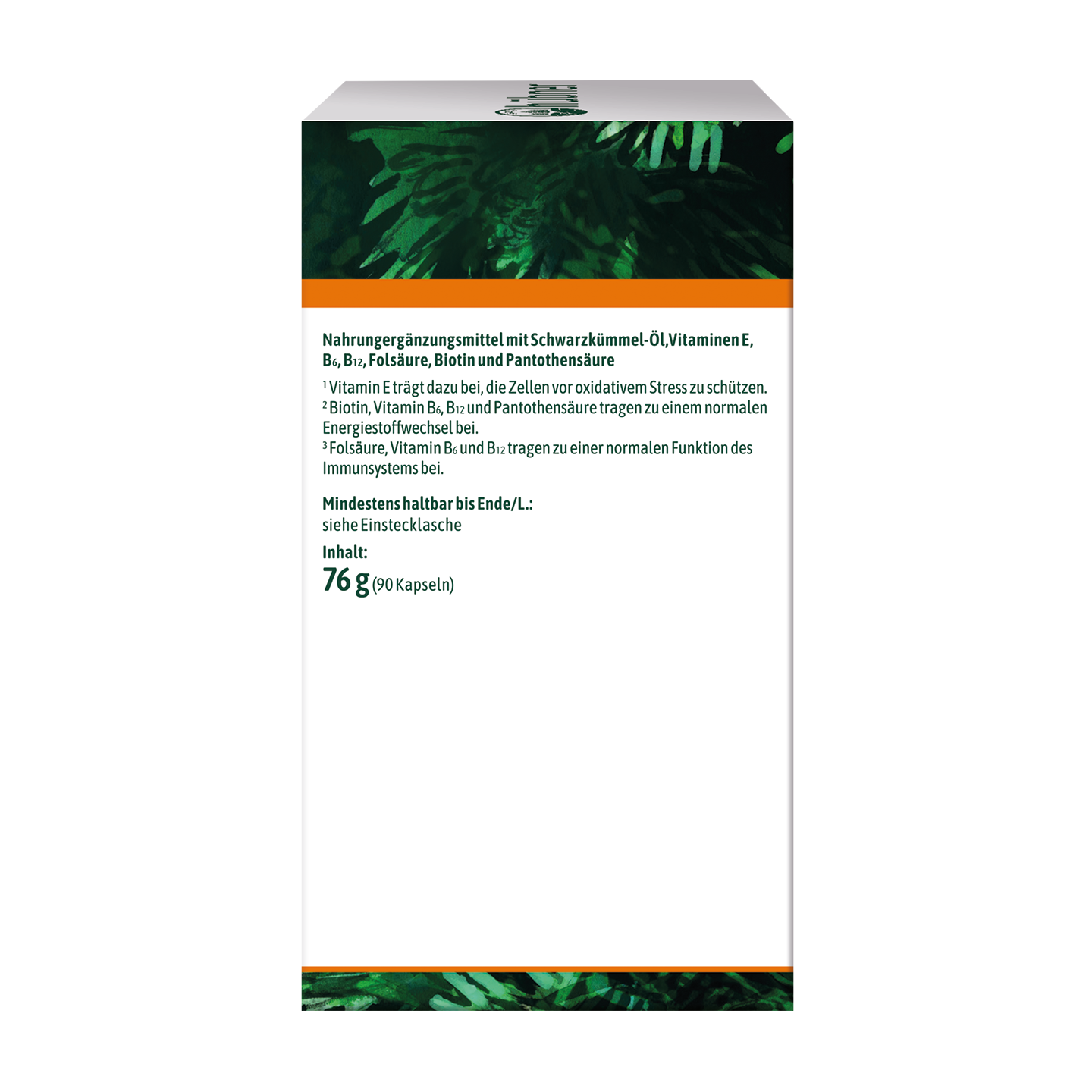 Weiße Produktverpackung mit grünem Blattmotiv und deutschem Text zu Nahrungsergänzungsmitteln und Nährwertangaben.