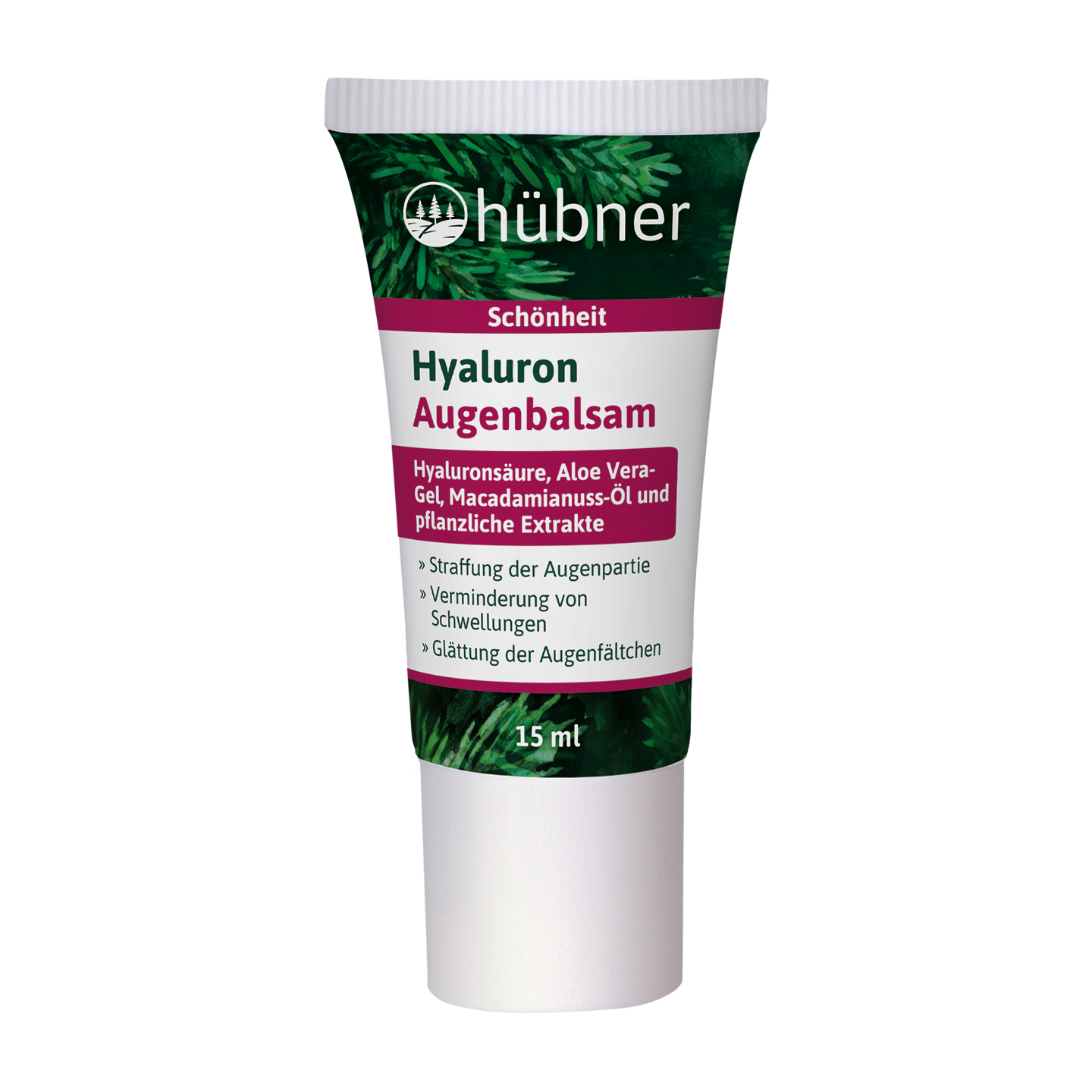 Eine Tube Hübner Hyaluron Augenbalsam mit grün-weißem Etikett und 15 ml Inhalt.