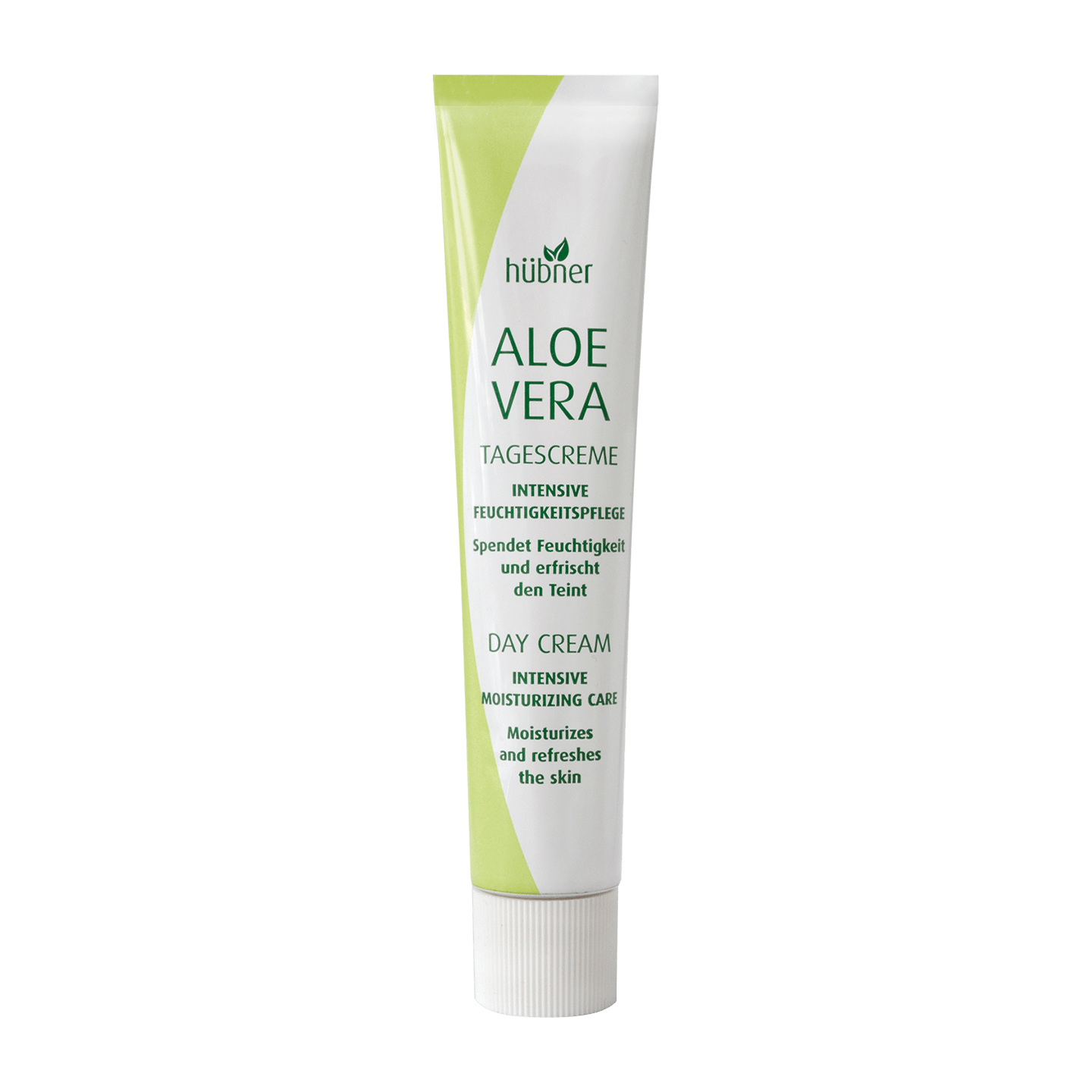 Eine Tube Hübner Aloe Vera Tagescreme in grün-weißer Verpackung mit dem Hinweis, sie spendet Feuchtigkeit und erfrischt die Haut.