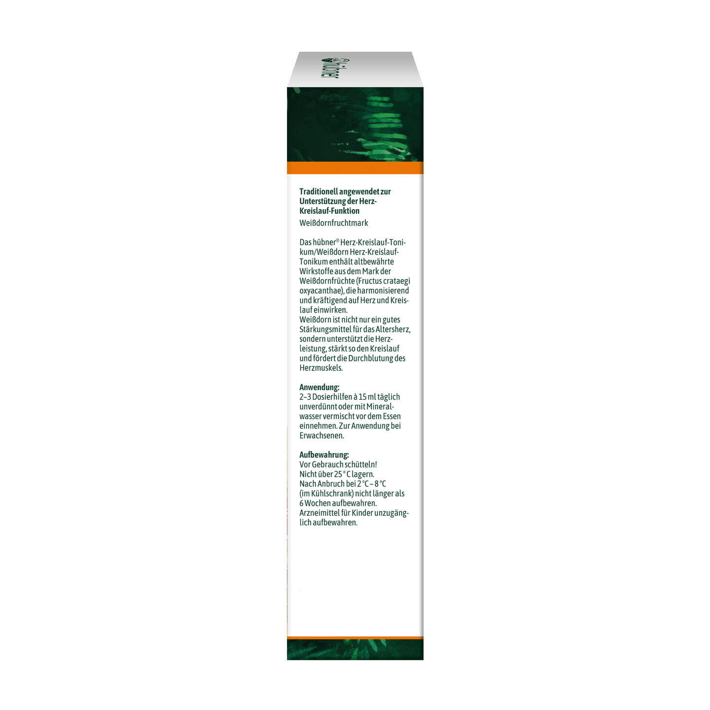 Eine weiße Produktverpackung mit deutschem Text, der traditionelle Verwendungs- und Anwendungsgebiete sowie Warnhinweise beschreibt, von der Seite betrachtet.