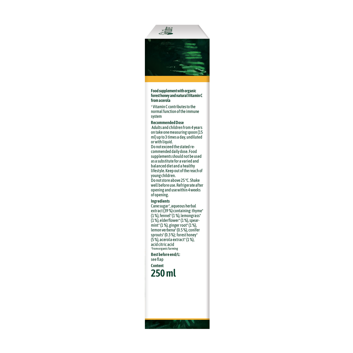 Seitenansicht einer 250-ml-Flaschenschachtel mit Angaben zu Nahrungsergänzungsmitteln, Gebrauchsanweisungen, Inhaltsstoffen und Aufbewahrungshinweisen.