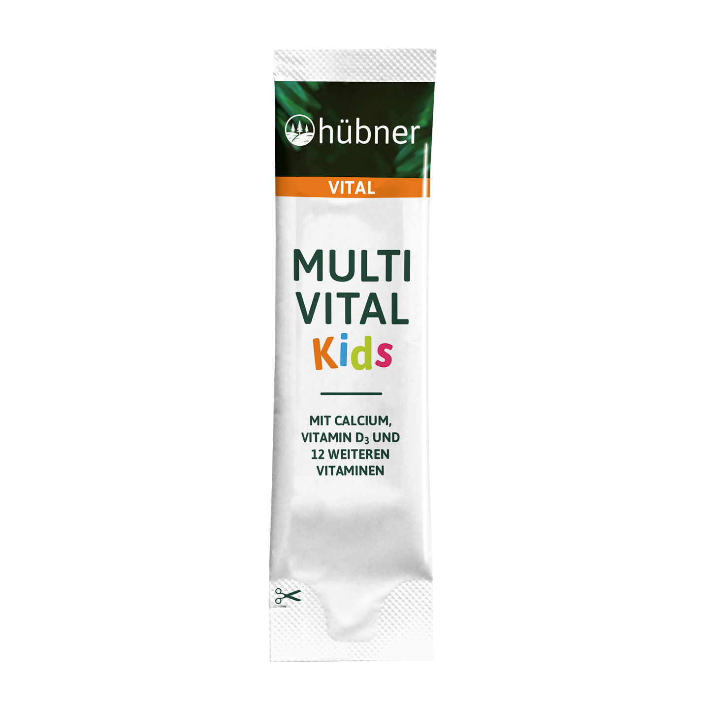 Ein Portionsbeutel mit der Aufschrift „hübner MULTI VITAL Kids“ mit Angaben zu Kalzium, Vitamin D und 12 weiteren Vitaminen.