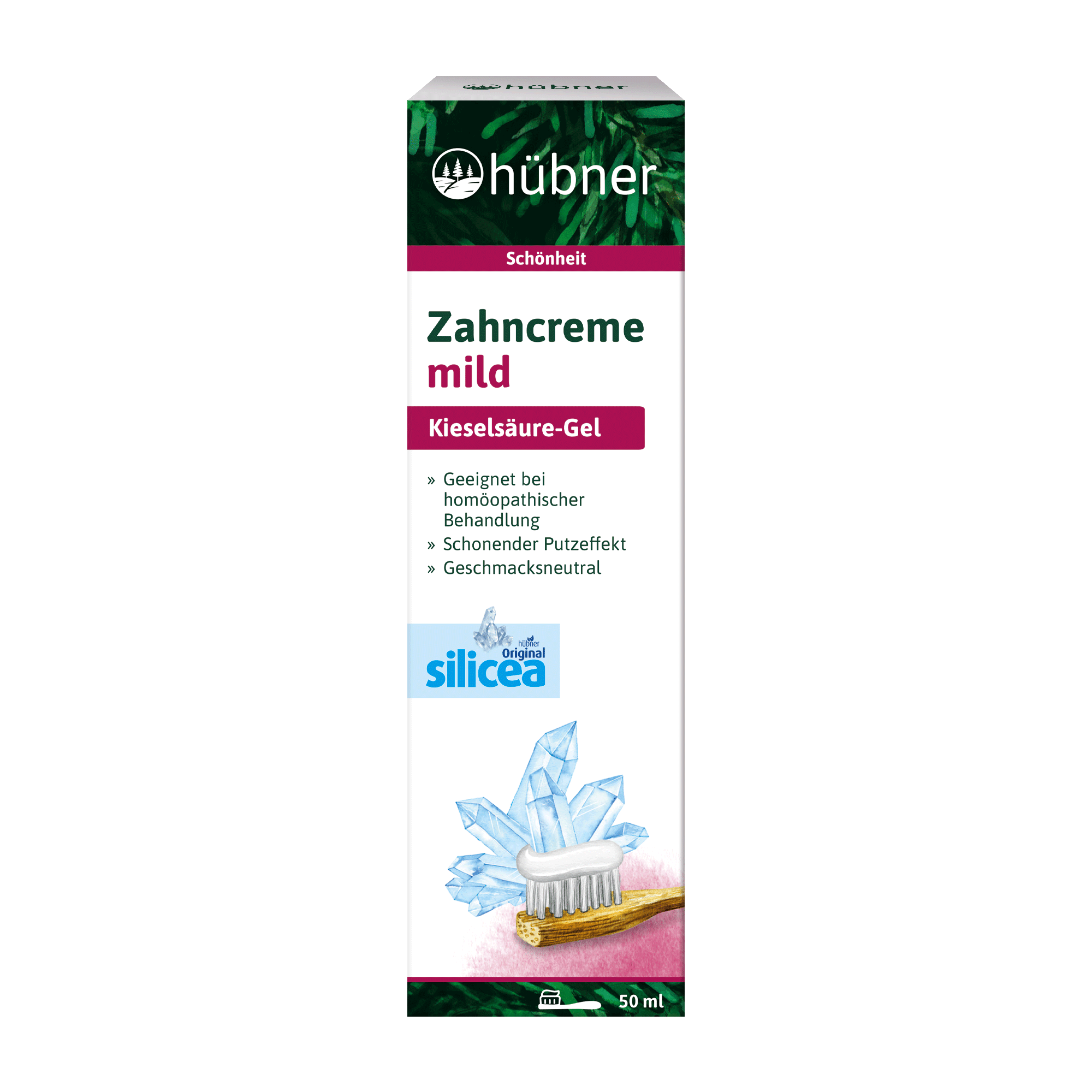 Eine Schachtel Hübner Zahncreme milde Zahnpasta mit Zahnbürste und Kristallgrafik, beschriftet als Kieselsäure-Gel, 50 ml.