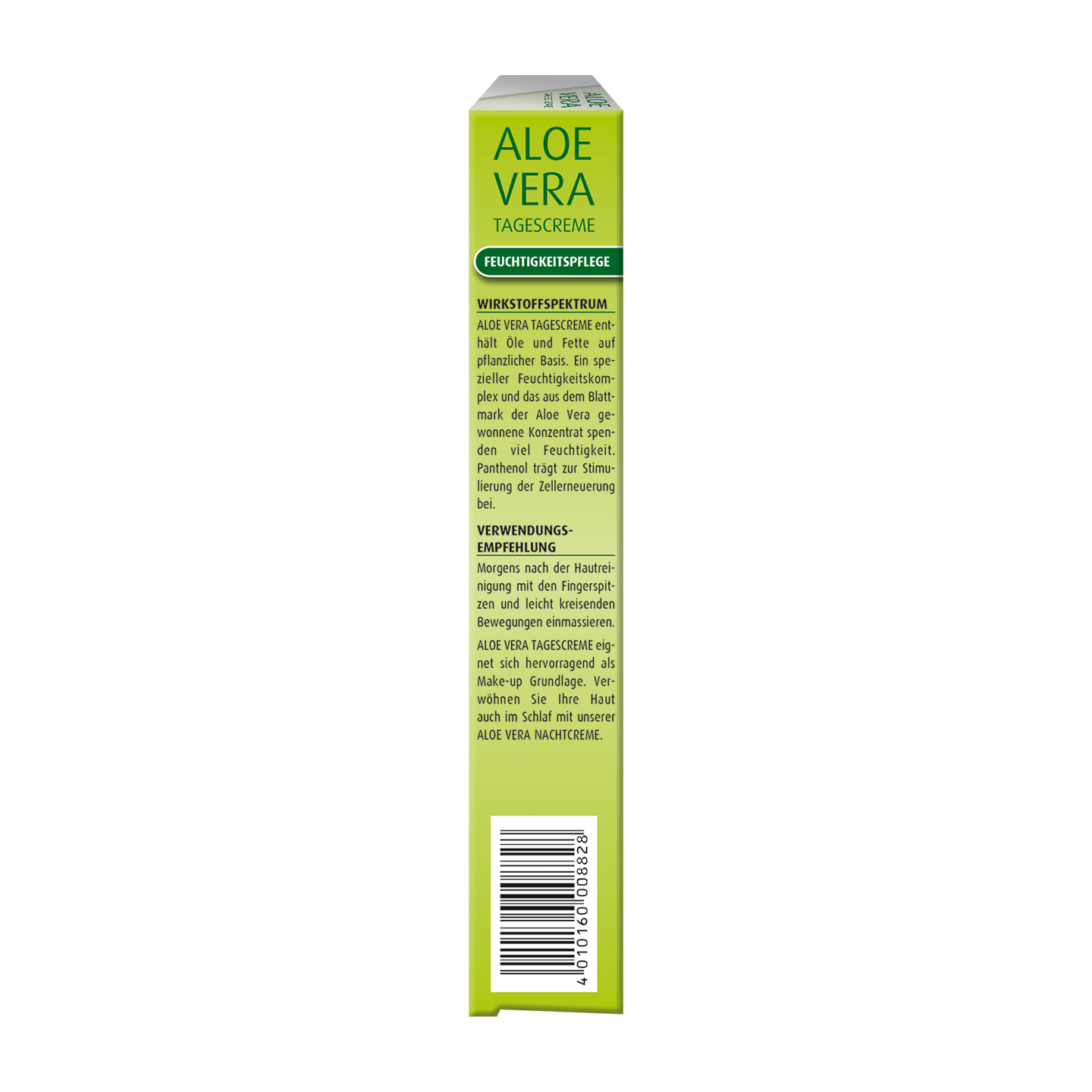 Grüne Schachtel Aloe Vera Tagescreme mit deutschem Text, der die Produktvorteile und Anwendungshinweise beschreibt, sowie einem Barcode auf der Unterseite.