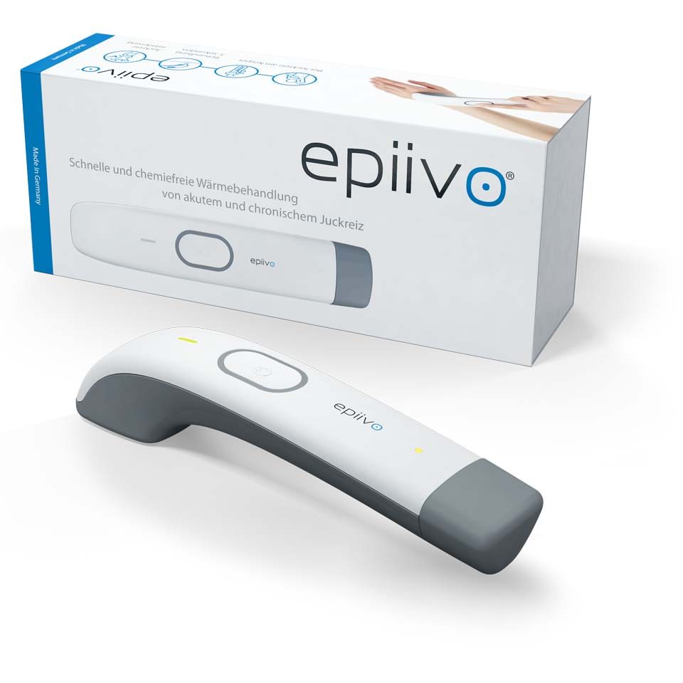 Packshot des epiivo-Geräts und der dazugehörigen Verpackung.