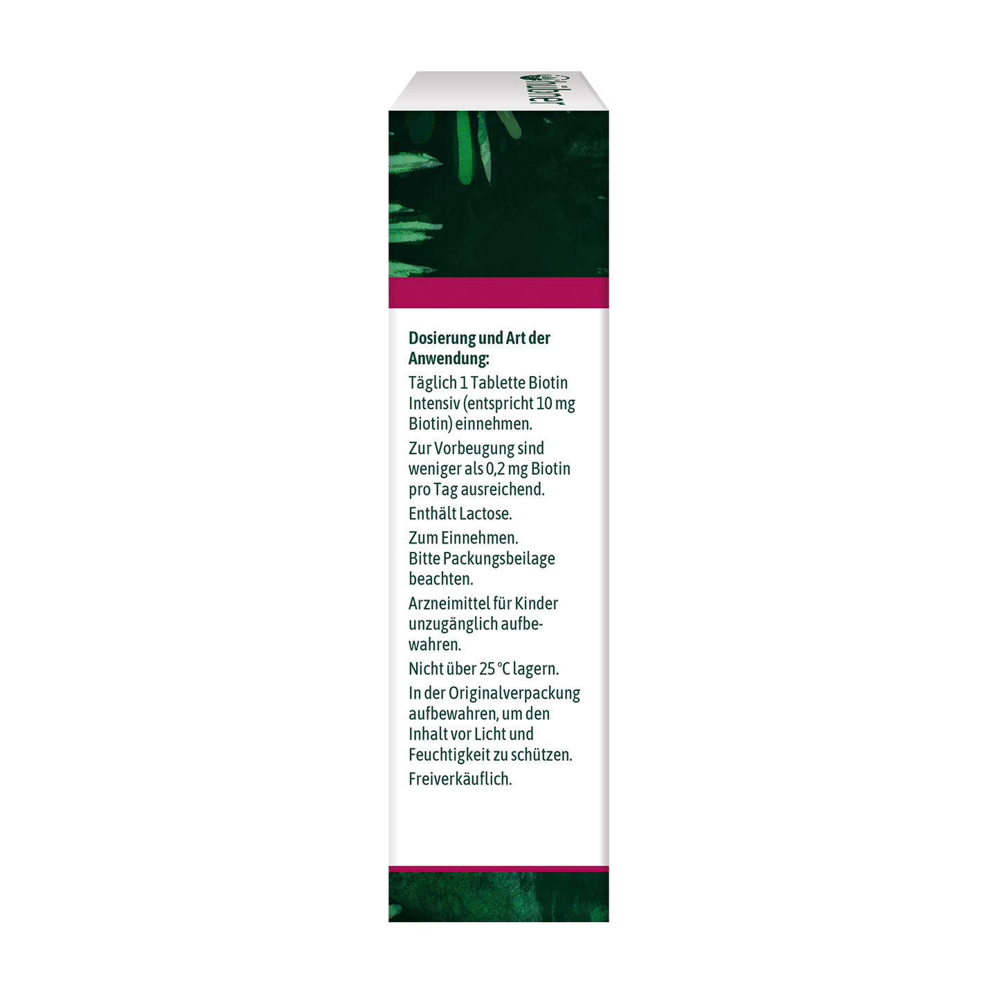 Seite einer Produktverpackung mit deutschem Text, der Dosierungs- und Anwendungshinweise für Biotin-Tabletten enthält, einschließlich Aufbewahrungs- und Sicherheitshinweisen.