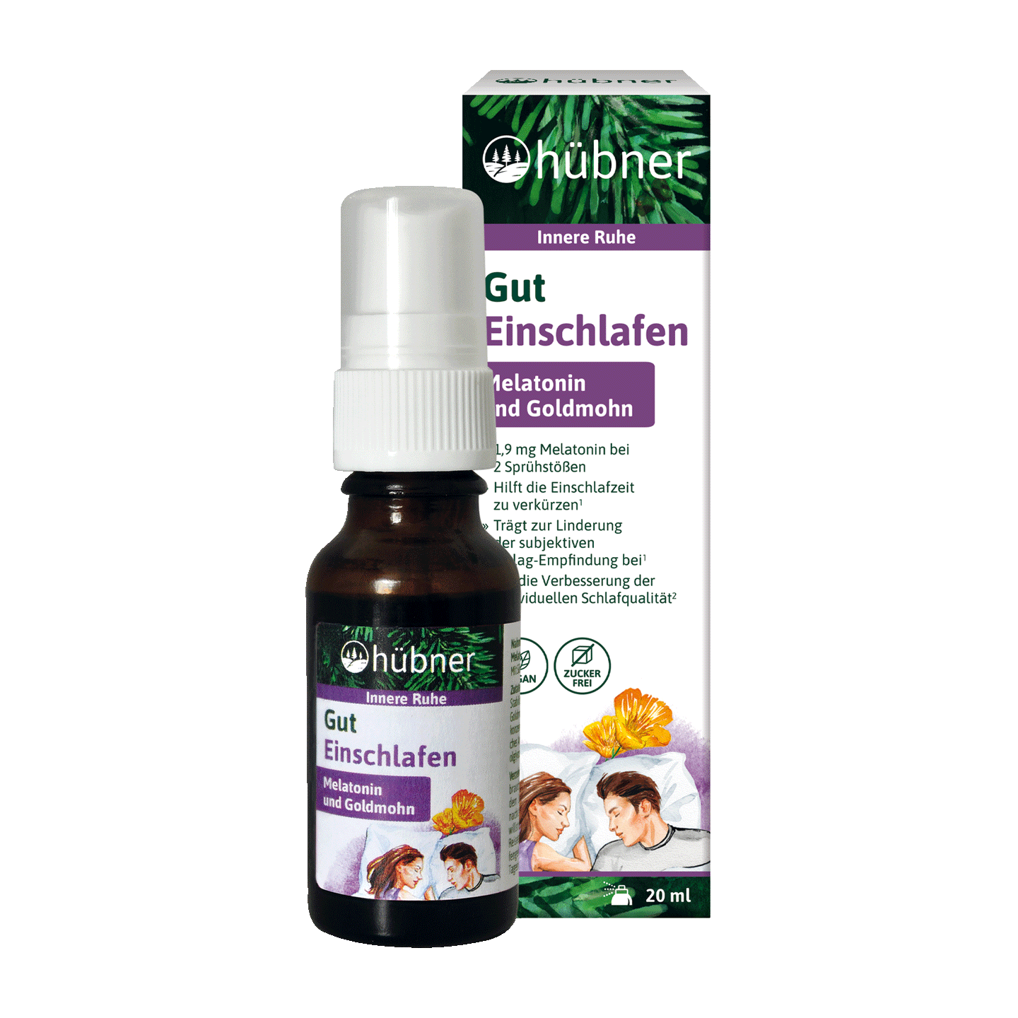 Eine 20-ml-Flasche und eine Schachtel Hübner Gut Einschlafen Schlafmittel mit Melatonin und Goldmohn, mit beruhigenden Grafiken und Informationen.