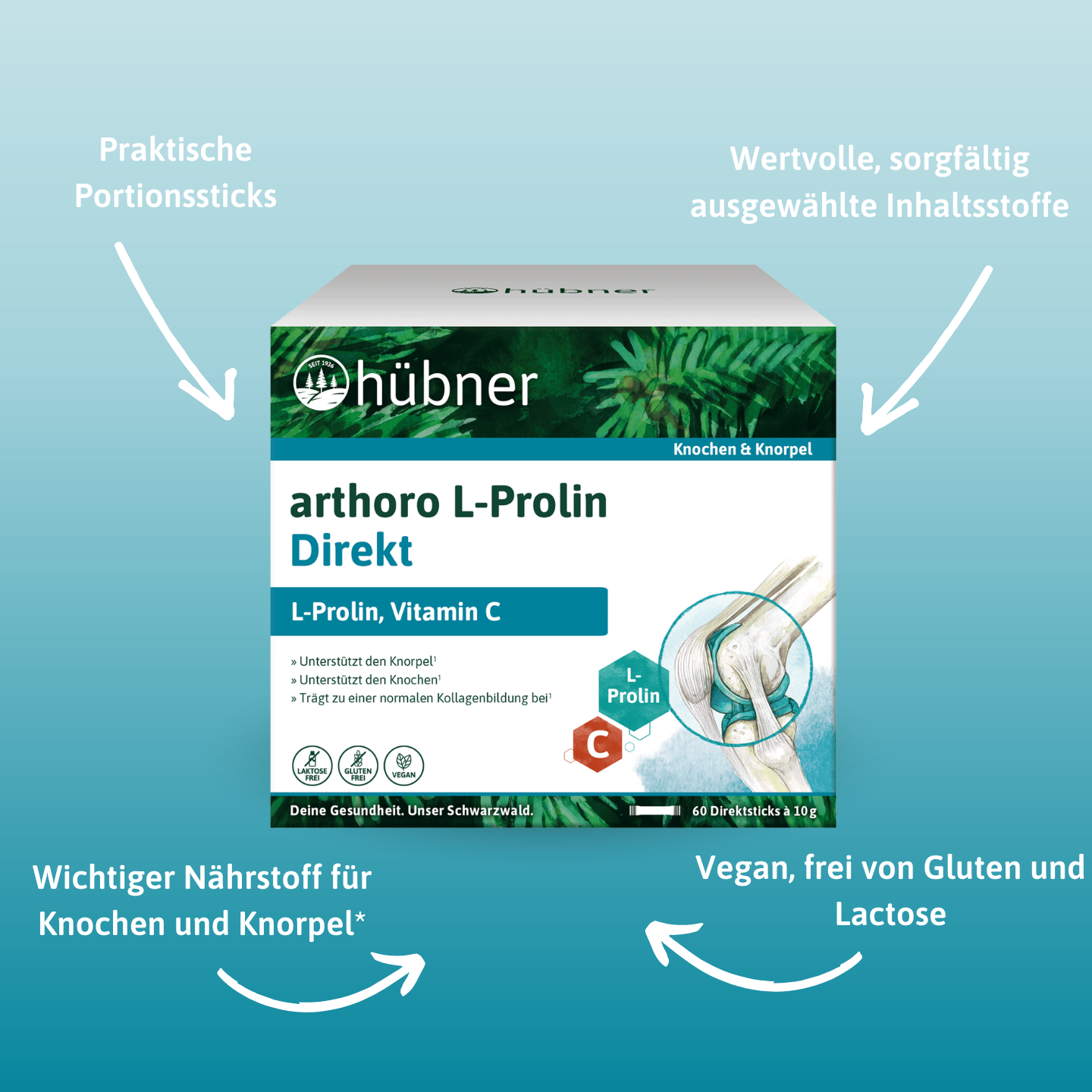 Schachtel mit dem Nahrungsergänzungsmittel Hübner Arthoro L-Prolin Direkt mit Pfeilen, die Merkmale wie praktische Sticks, wichtige Nährstoffe und eine vegane, glutenfreie Formel hervorheben.