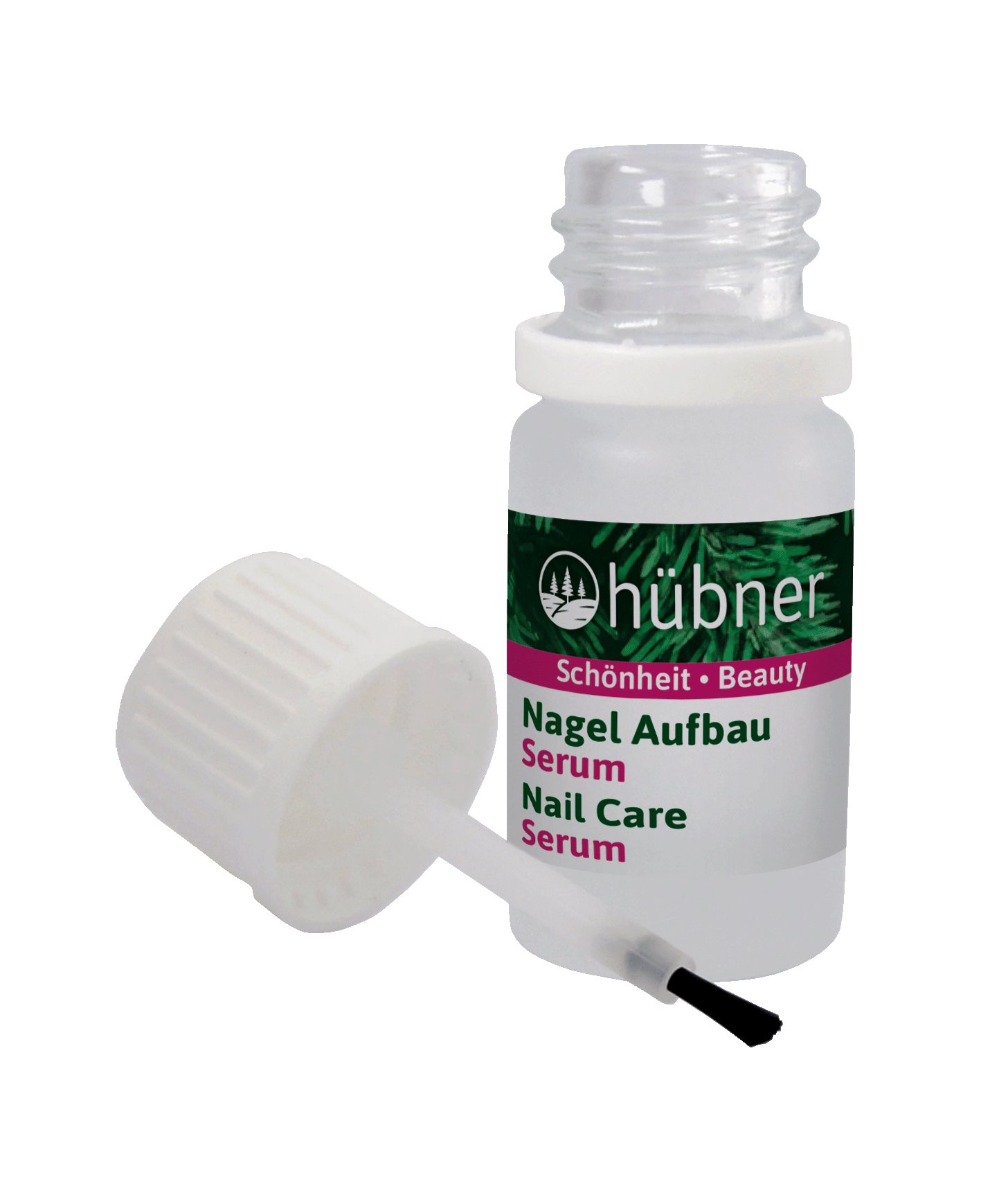 Eine kleine Flasche Hübner Nail Care Serum mit geöffnetem Deckel und daneben liegendem Pinselapplikator.
