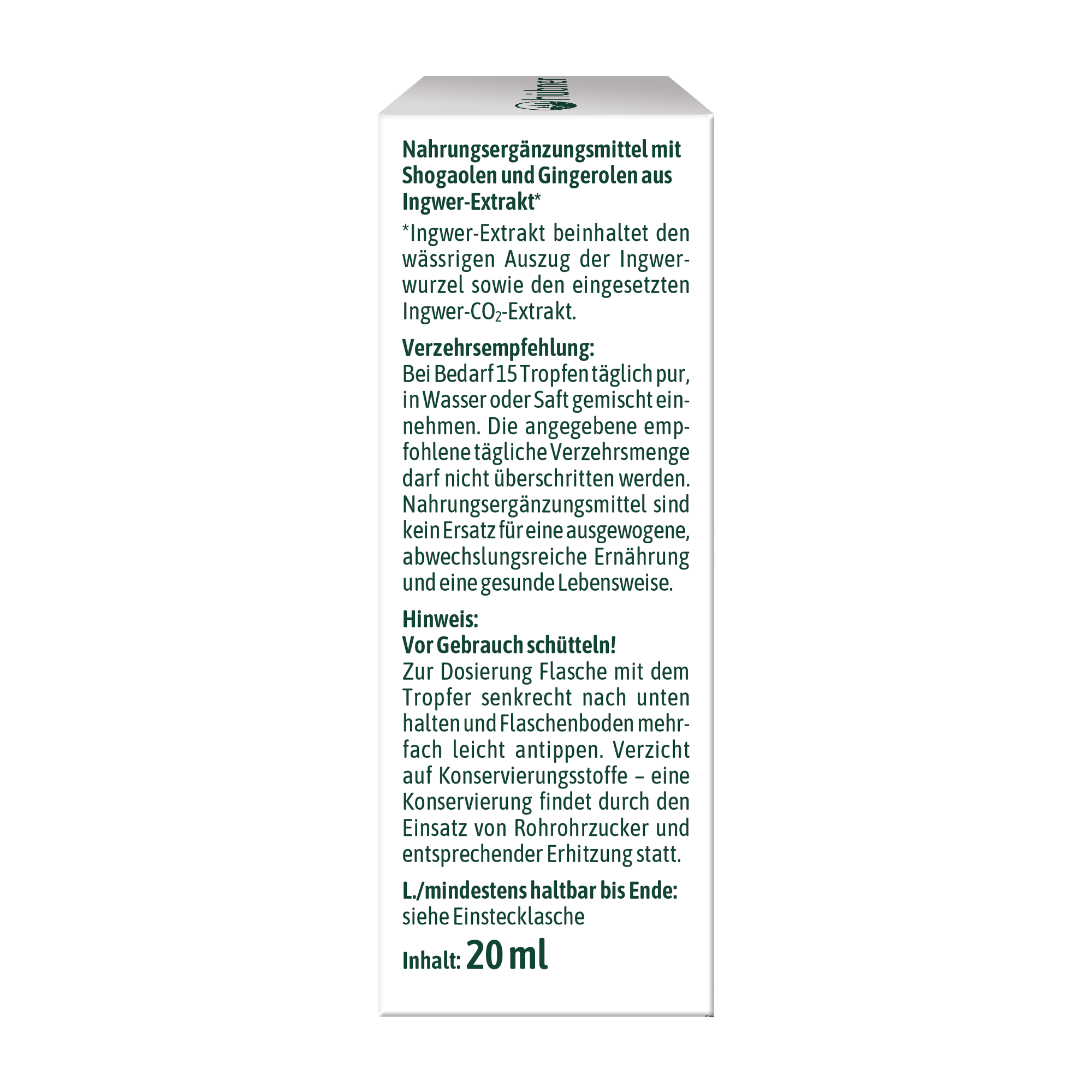 Deutscher Text auf einer weißen Produktverpackung mit grünen Akzenten, der die Inhaltsstoffe und die Anwendung eines Ingwer-Extrakt-Ergänzungsmittels beschreibt.