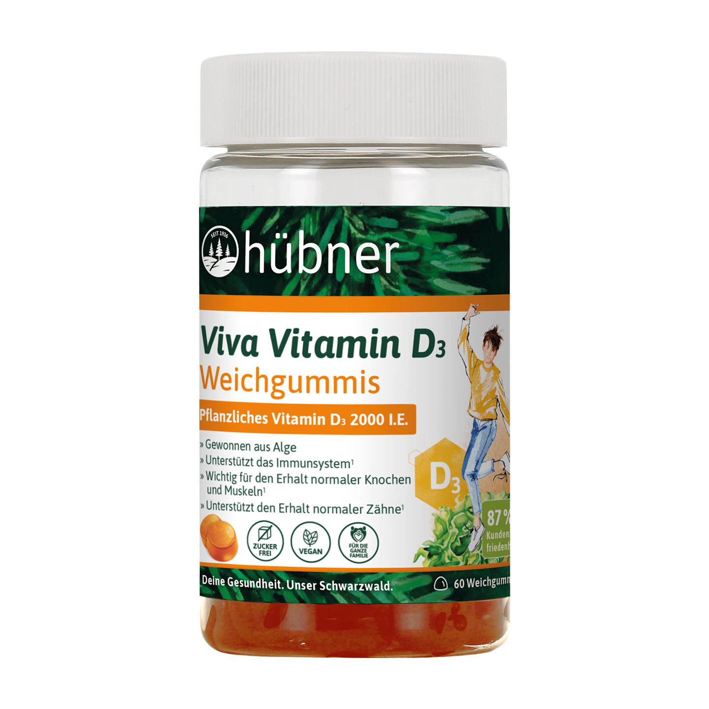 Eine Flasche vegane Hübner Viva Vitamin D3-Gummibärchen mit deutschem Text und Bildern von Orangen und einer Person.