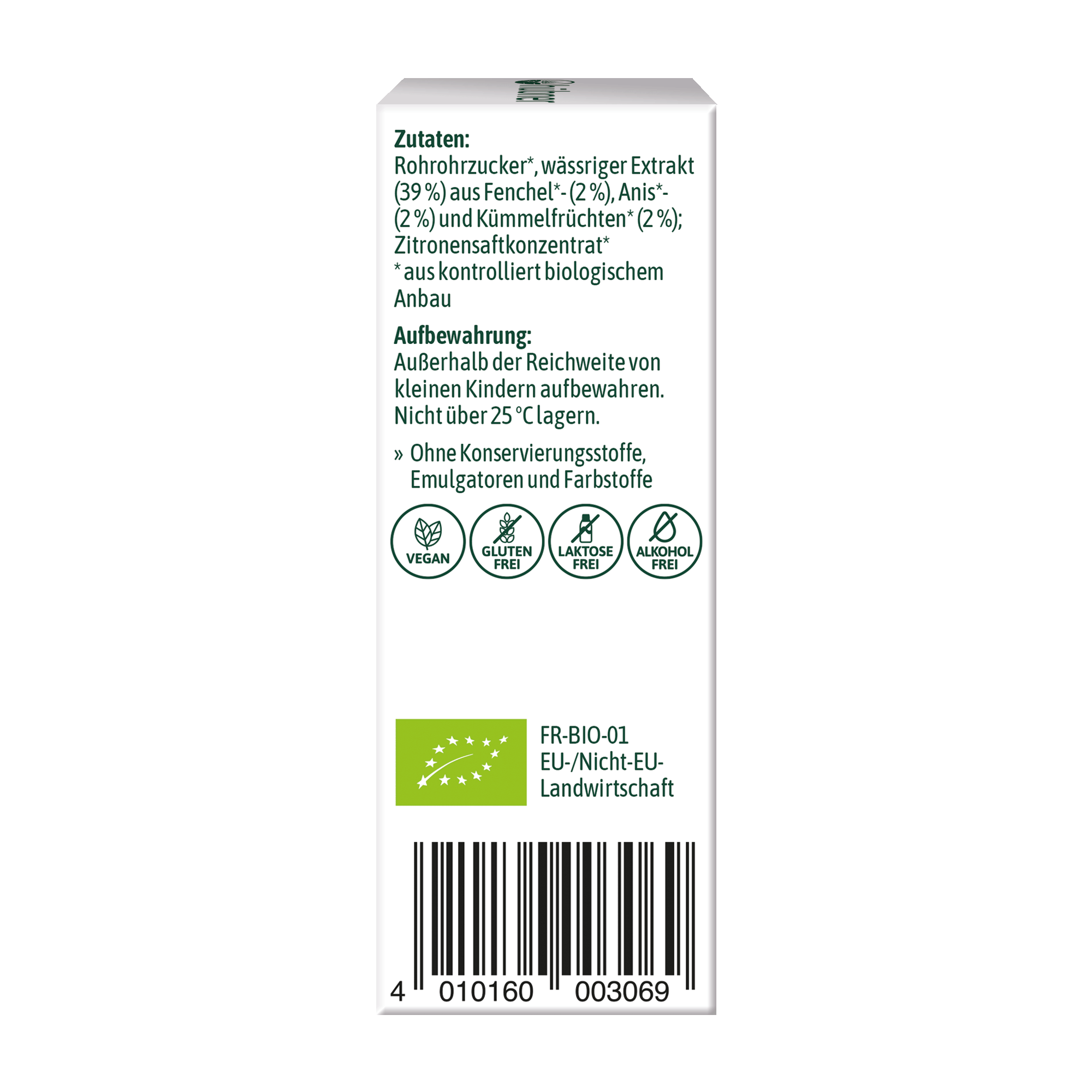 Rückseite einer Produktverpackung mit Zutaten, Aufbewahrungshinweisen, Zertifizierungen und Symbolen für vegan, glutenfrei, laktosefrei und alkoholfrei.