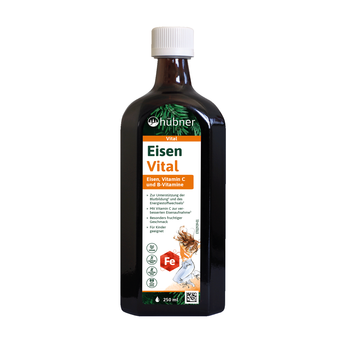 Eine dunkle Flasche Hübner Eisen Vital Eisenpräparat mit weißem Etikett und orangefarbenem Text, Inhalt 250 ml.