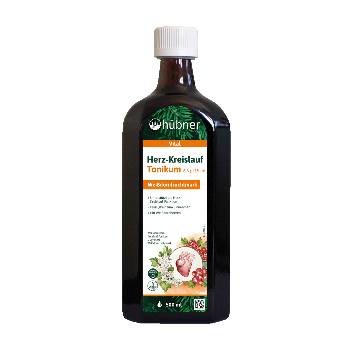 Eine Flasche Hübner Vital Herz-Kreislauf Tonikum, ein Herz- und Kreislauftonikum, mit Inhaltsstoffen und einer Herzillustration auf dem Etikett.