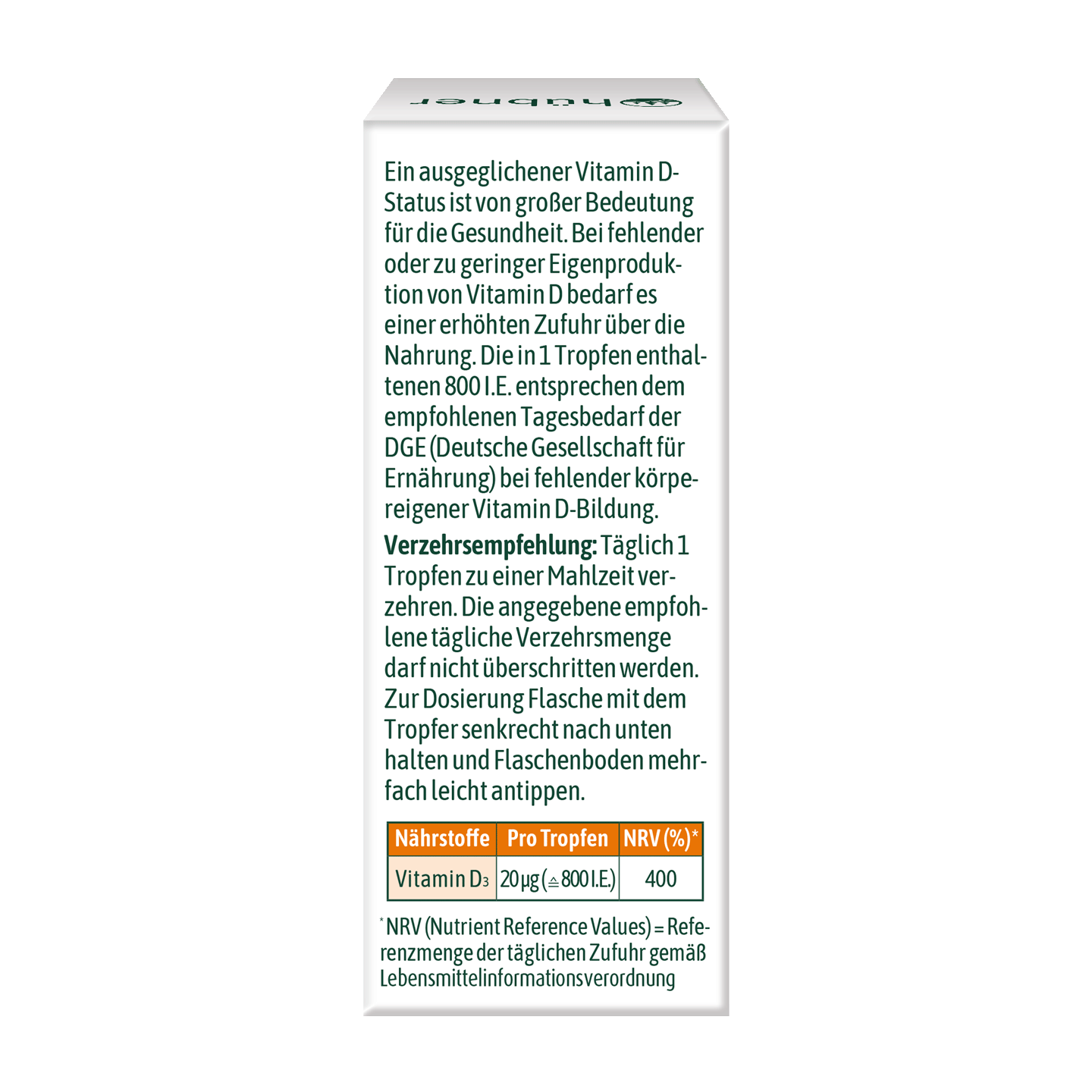 Weiße Nahrungsergänzungsbox mit deutschem Text zu Vitamin-D-Tropfen, Dosierungsanweisungen und einem kleinen orangefarbenen Nährwertkennzeichen am Boden.