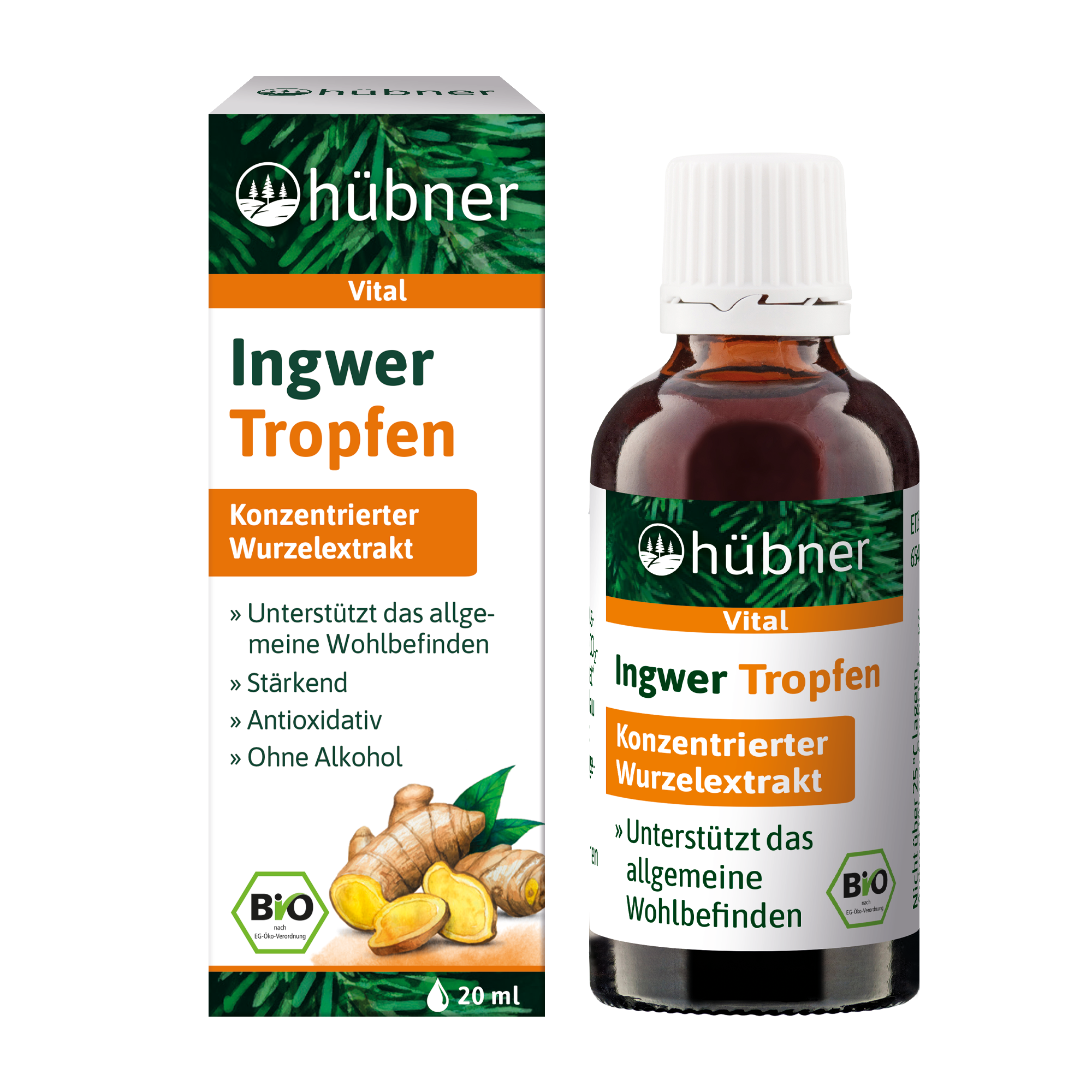 Eine Flasche und Schachtel Hübner Ingwer Tropfen, ein Ingwerwurzelextrakt, mit Ingwerabbildungen und Produktdetails in deutscher Sprache.