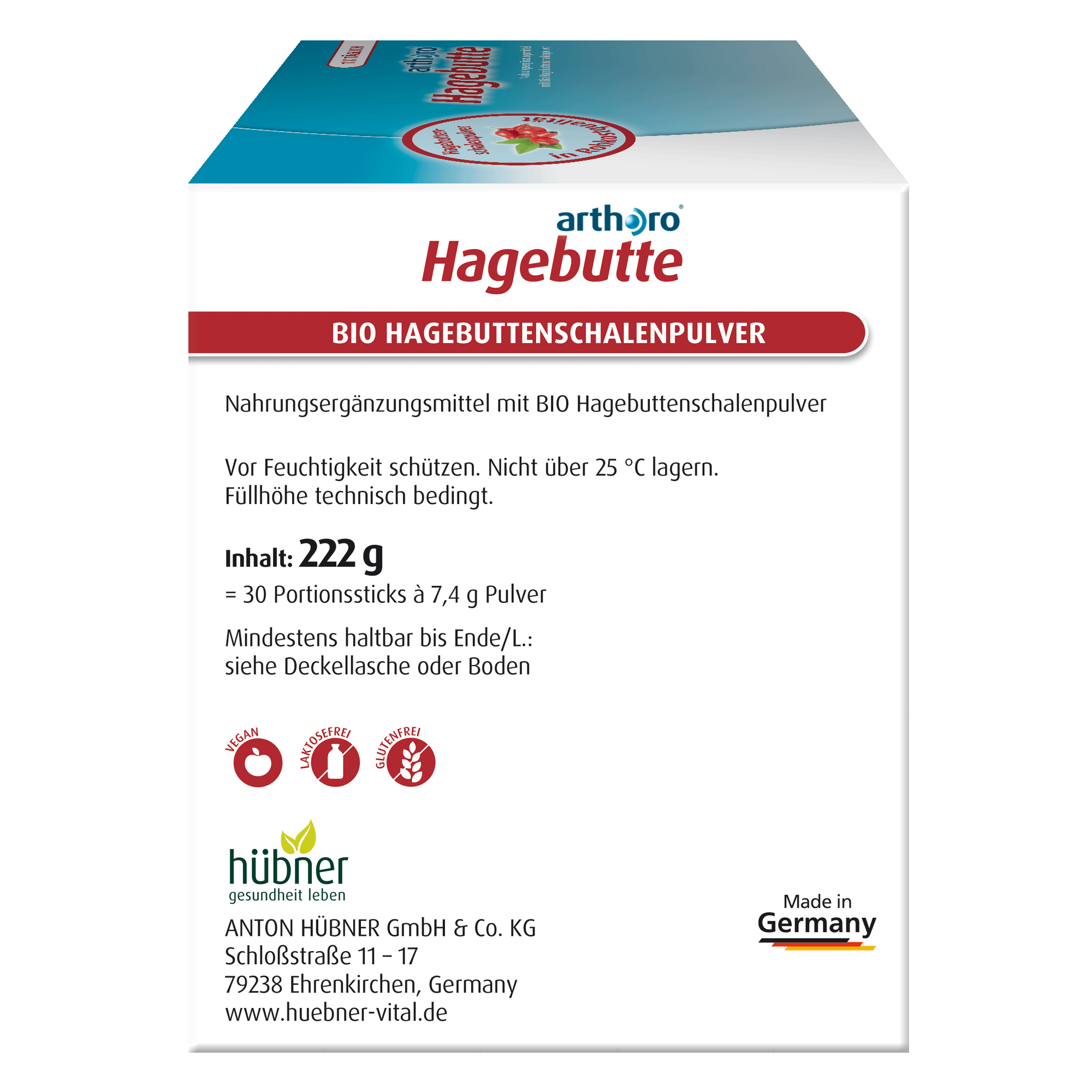 Vorderseite einer Schachtel mit der Aufschrift „BIO HAGEBUTTENSCHALENPULVER“ mit Produktdetails und deutschem Text „Hergestellt in Deutschland“.