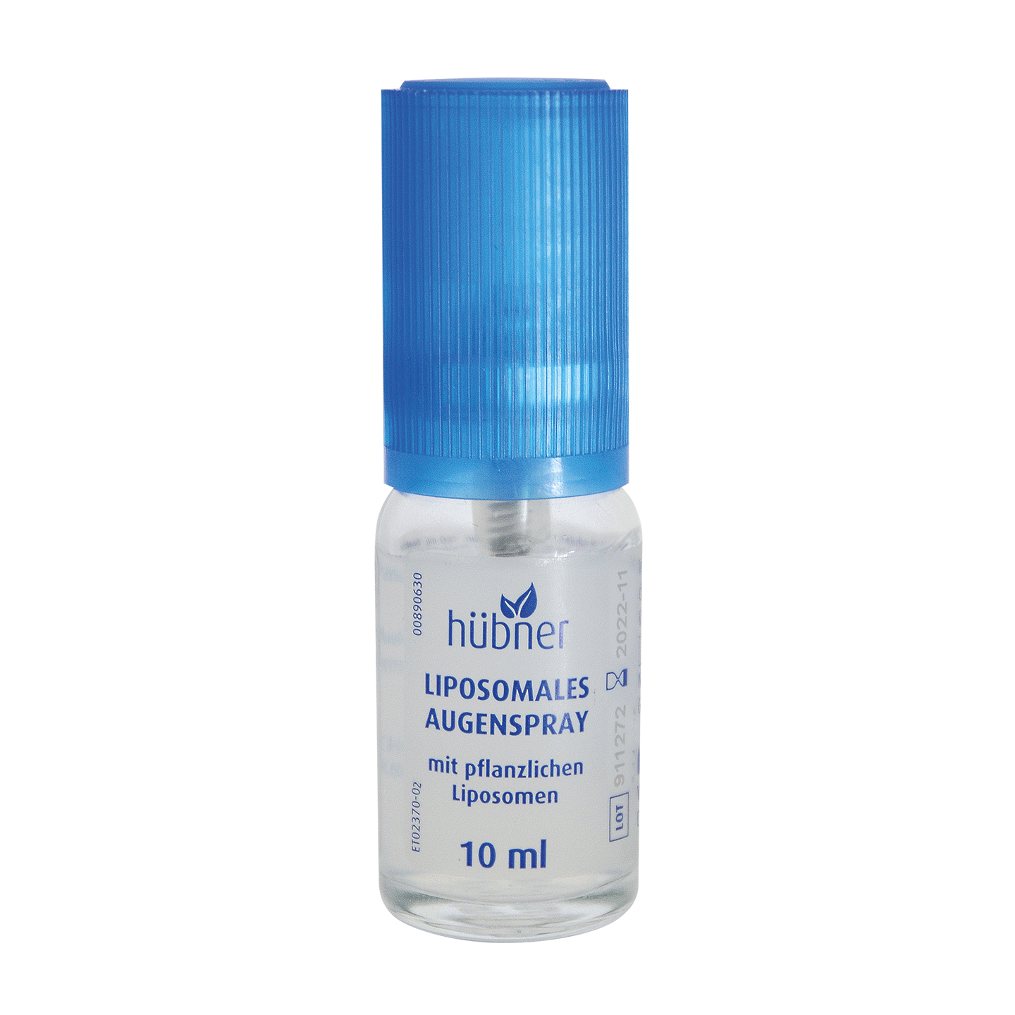 Eine kleine 10-ml-Flasche liposomales Augenspray von Hübner mit blauer Kappe und klarem Etikett.