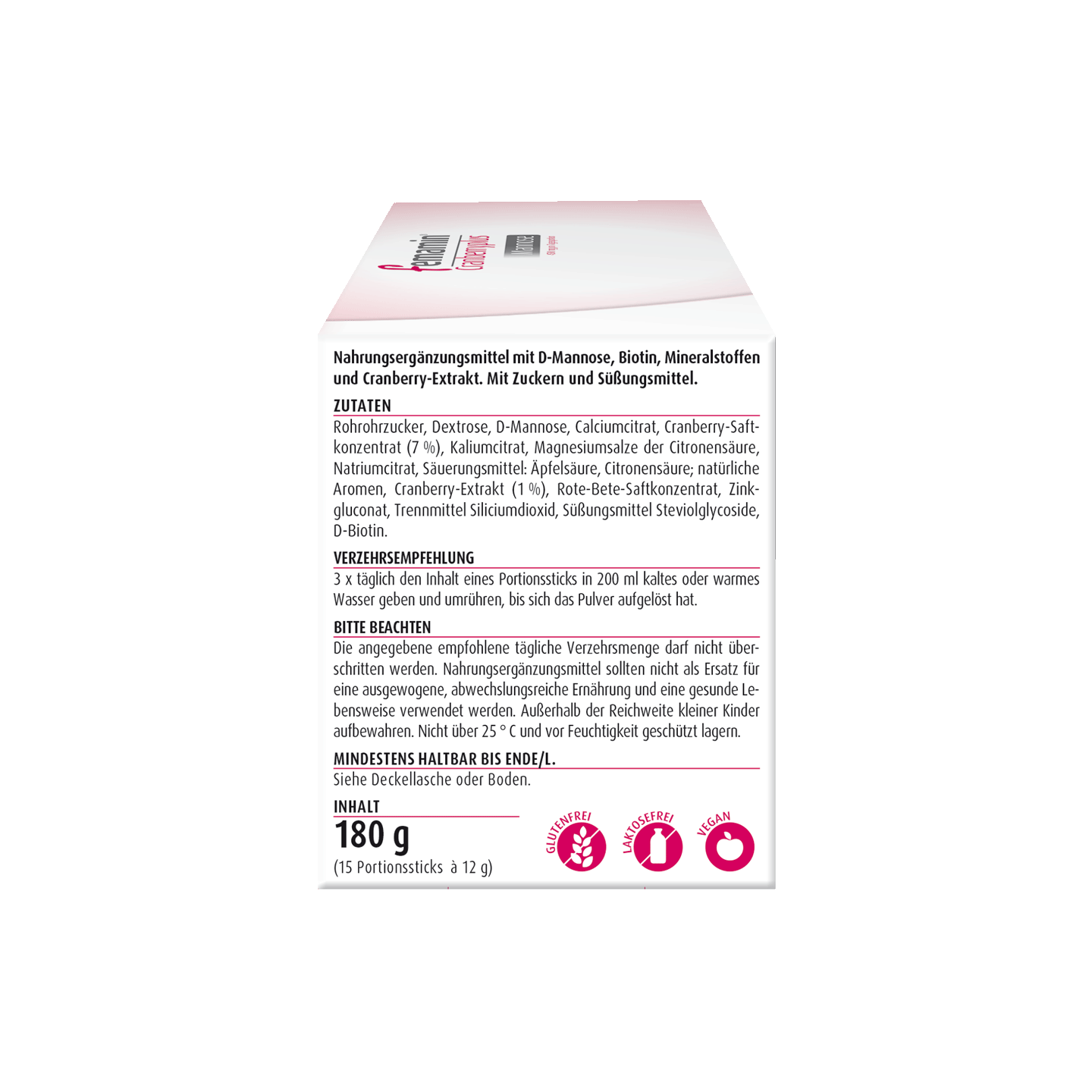 Rückansicht einer Produktverpackung mit deutschem Text, Zutatenliste, Gebrauchsanweisung, Gewicht 180g und verschiedenen Symbolen am unteren Rand.