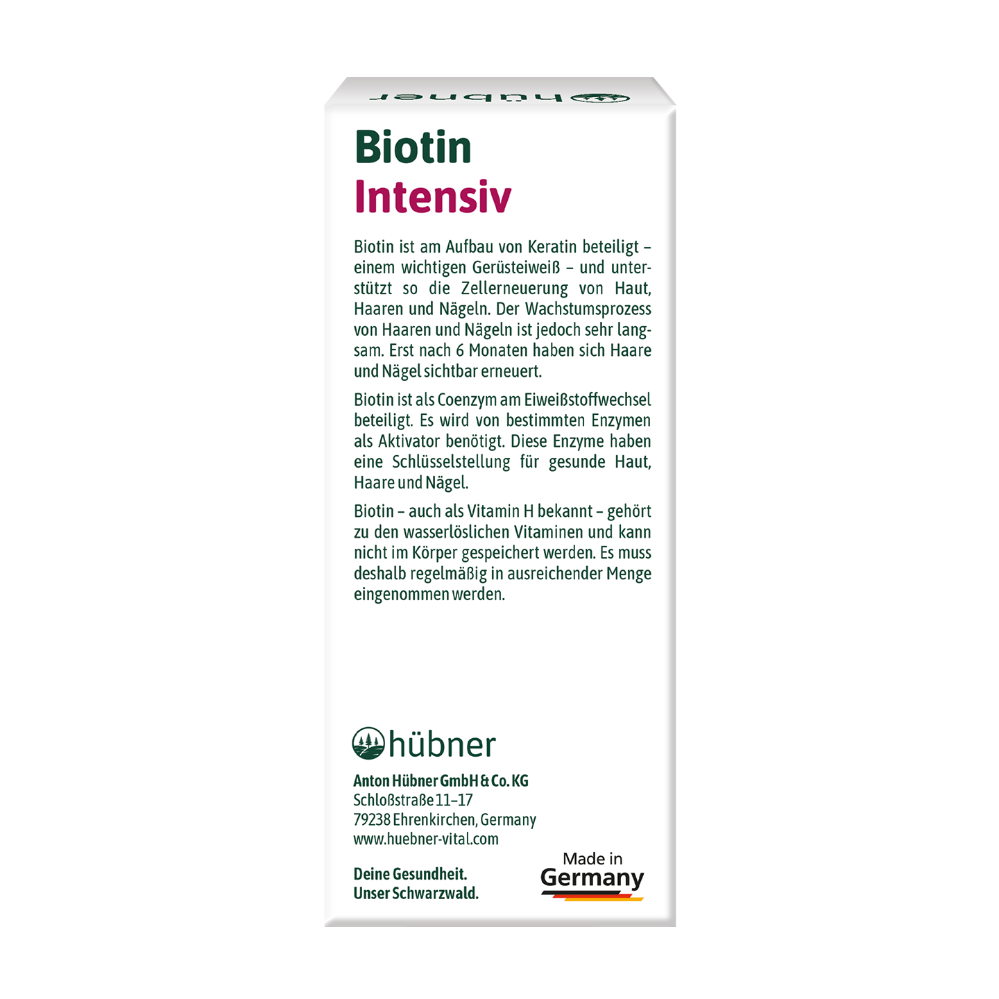 Schachtel Hübner Biotin Intensiv, deutscher Text beschreibt die Vorteile des Produkts für Haare, Haut und Nägel, mit dem Etikett „Made in Germany“.