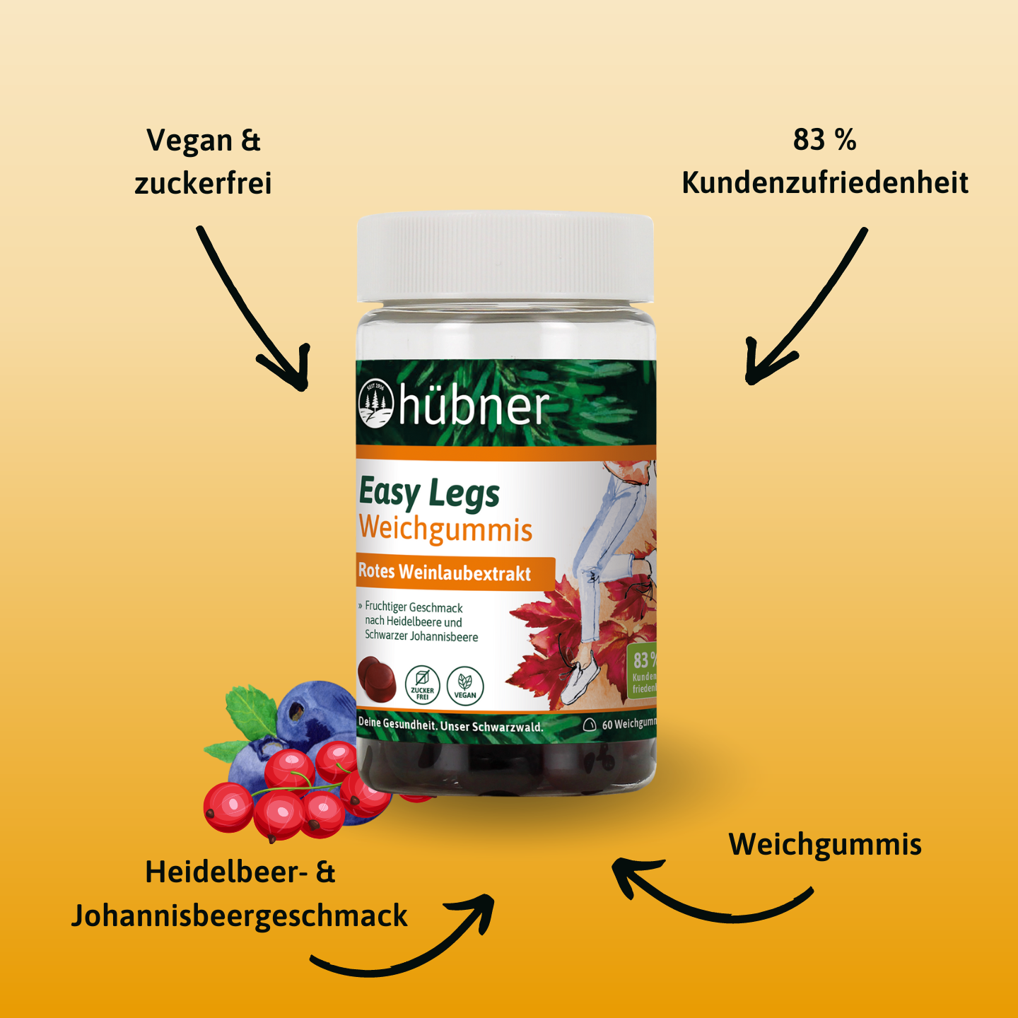 Eine Flasche Hübner Easy Legs Gummibärchen mit Beeren daneben, der Text hebt vegan, zuckerfrei und Beerengeschmack auf orangefarbenem Hintergrund hervor.