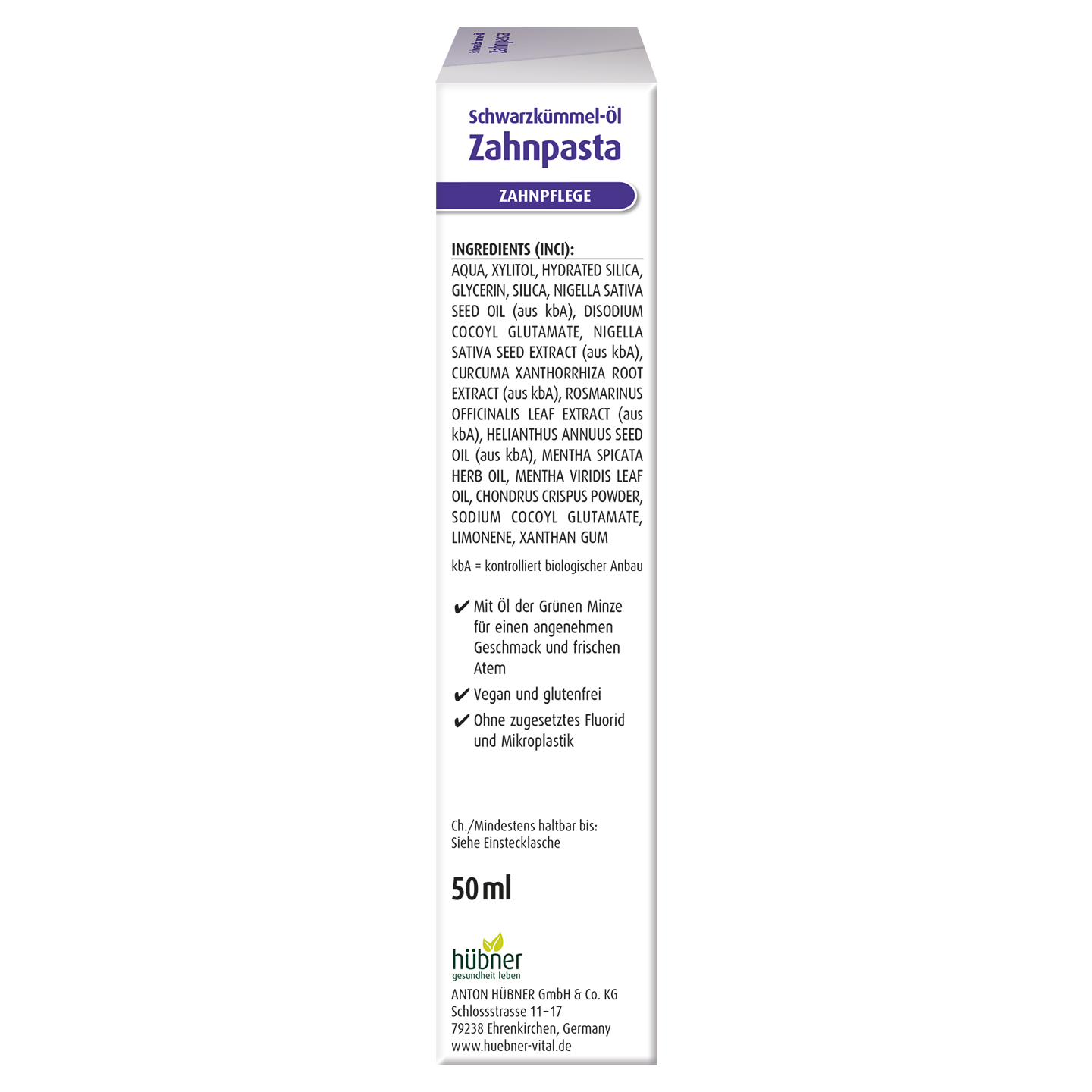 Ein Tubenetikett für Schwarzkümmel-Öl Zahnpasta mit einer Auflistung der Inhaltsstoffe und Produktdetails in deutscher Sprache und einem Volumen von 50 ml.