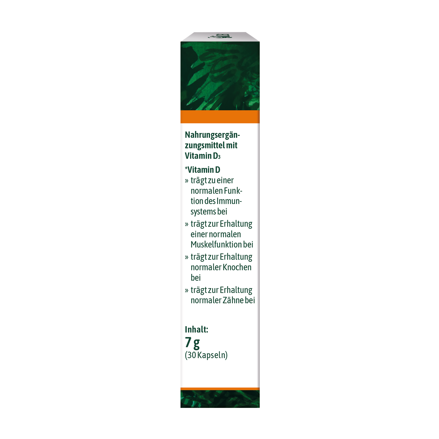 Etikett für ein Vitamin-D-Nahrungsergänzungsmittel mit Angaben zu den Vorteilen für Immunsystem, Muskeln, Knochen und Zähne. Enthält 30 Kapseln à 7 g.