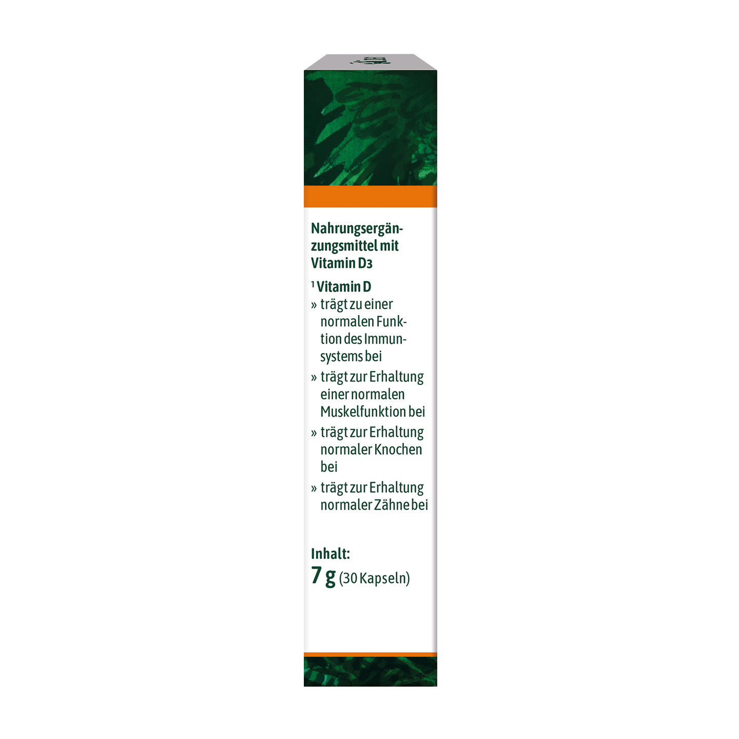 Etikett für ein Vitamin-D-Nahrungsergänzungsmittel mit Angaben zu den Vorteilen für Immunsystem, Muskeln, Knochen und Zähne. Enthält 30 Kapseln à 7 g.