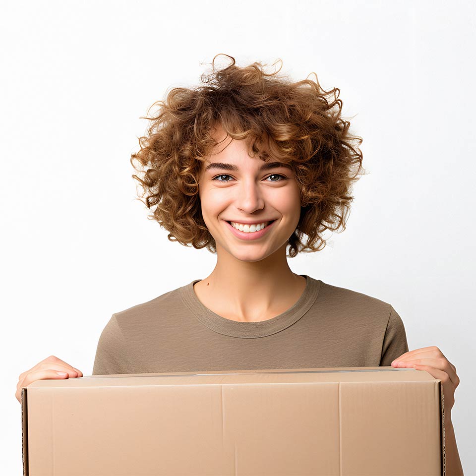 Ein lächelnde Frau hält ein Packet in der Hand.