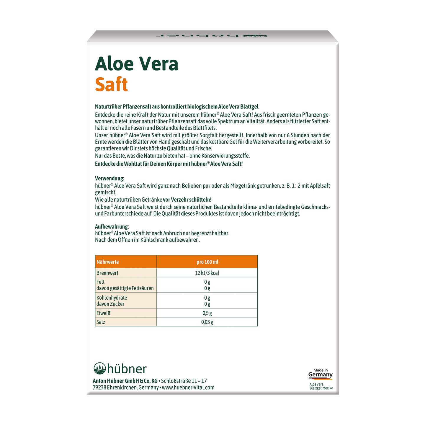 hübner® ALOE VERA BIO-Pflanzensaft naturtrüb