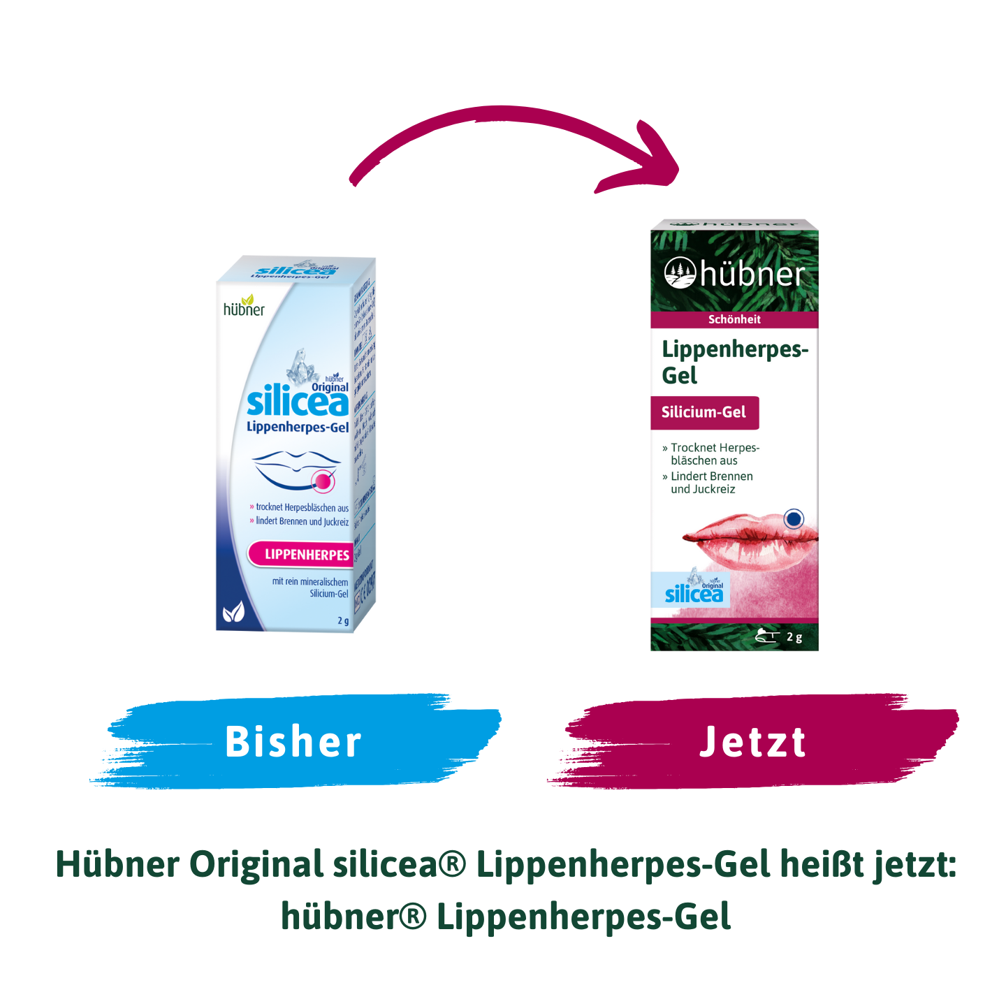 Zwei Packungen Lippenherpesgel mit den Aufschriften „Bisher“ und „Jetzt“ zeigen eine Verpackungsänderung; der Pfeil zeigt vom alten zum neuen Design.