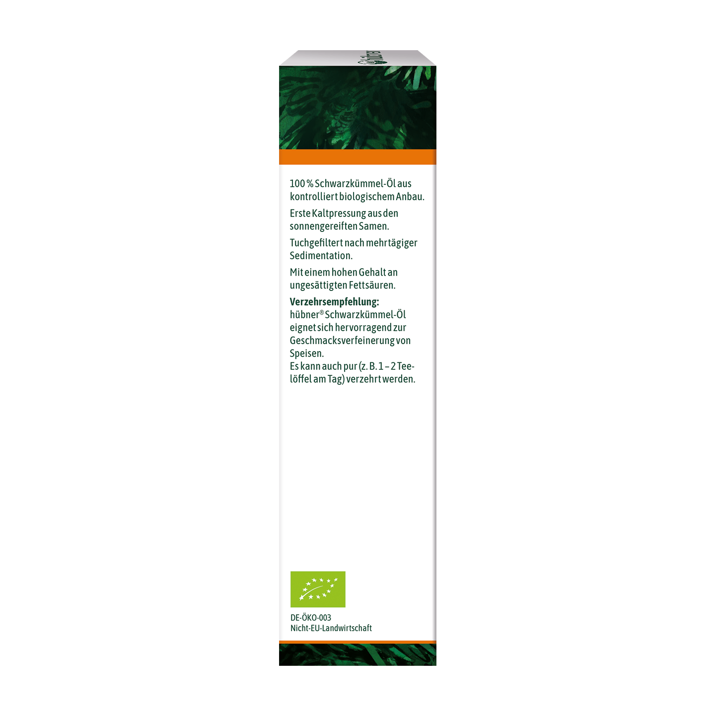 Ein hohes, schmales Etikett mit deutschem Text über Schwarzkümmelöl, einem EU-Bio-Logo und einem grünen Blattdesign oben.