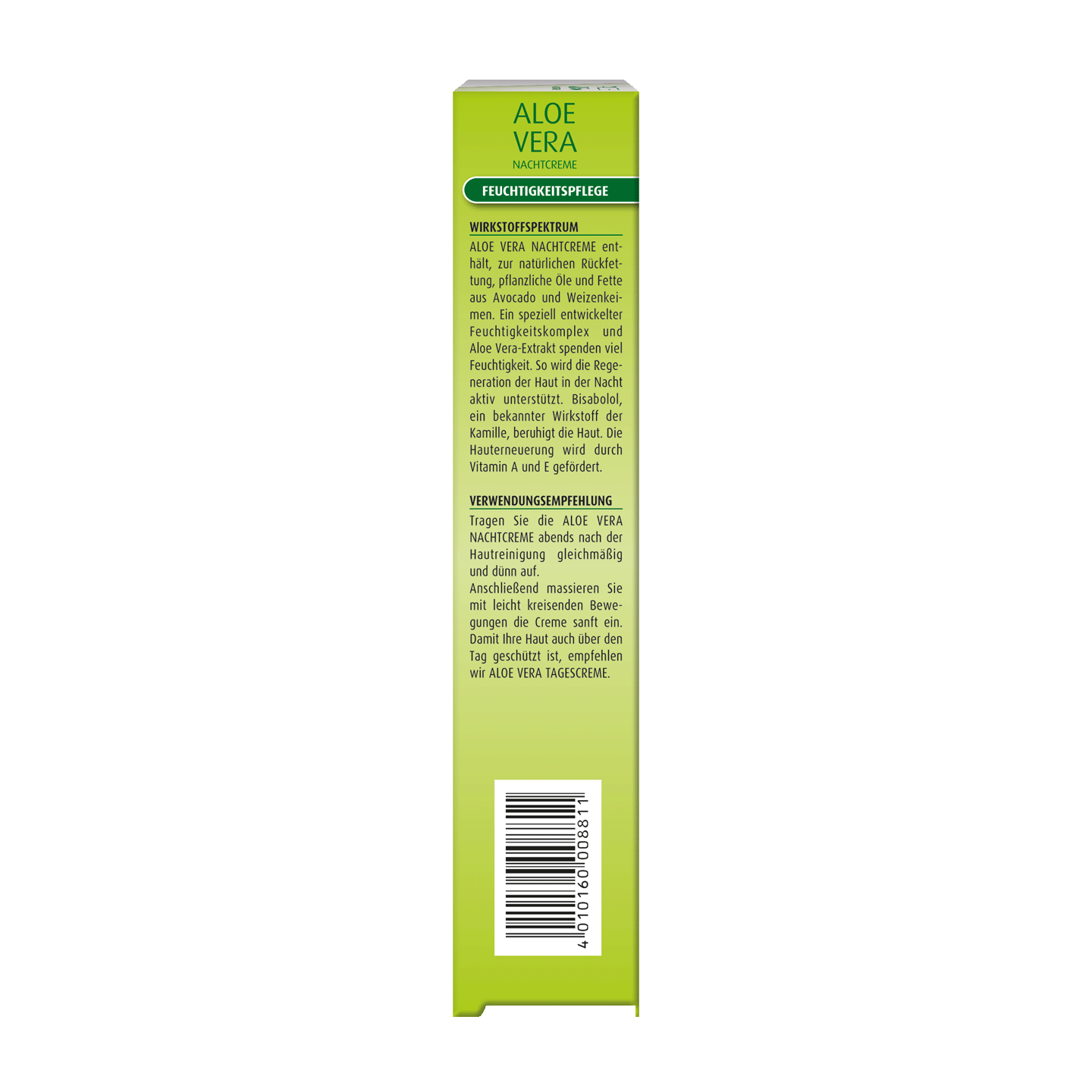 Grüne Verpackung eines Aloe Vera Feuchtigkeitsprodukts mit deutschem Text und einem Barcode auf der Rückseite.