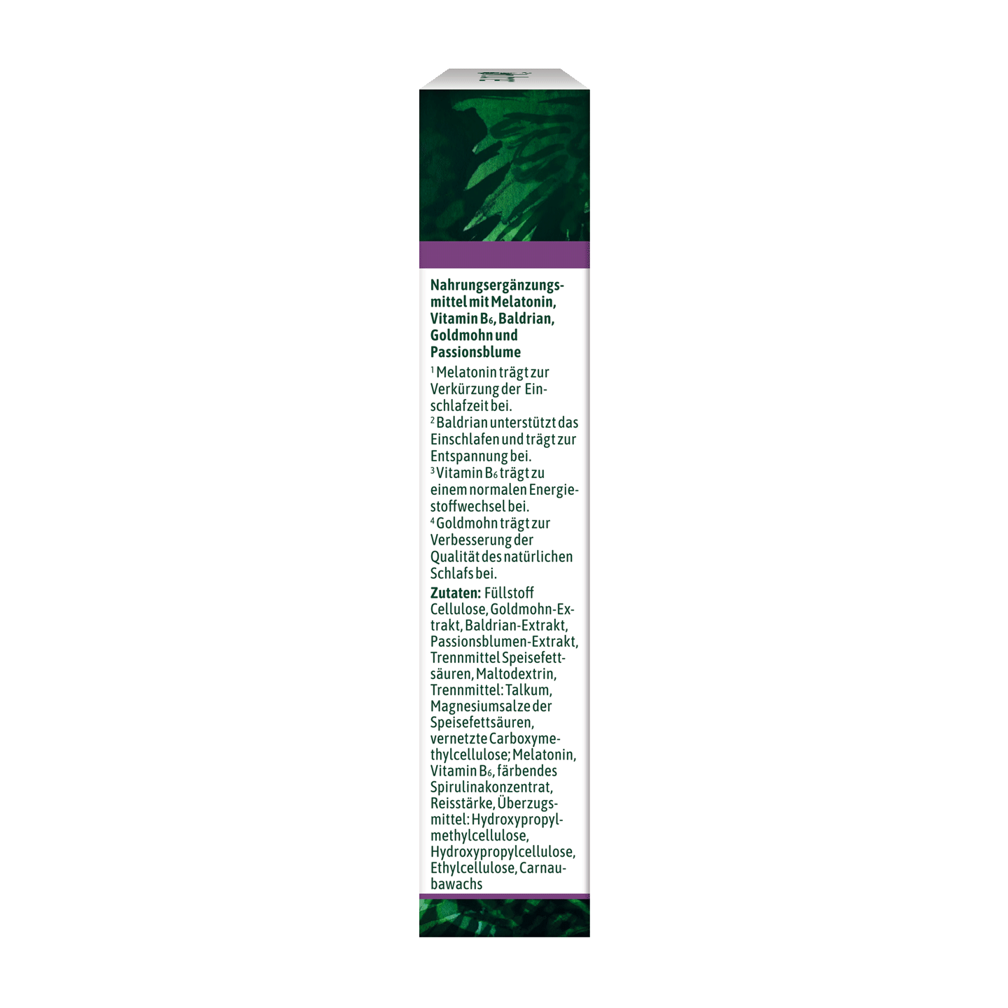 Die Seite einer Produktverpackung mit einer Auflistung der Inhaltsstoffe, darunter Melatonin, Vitamine und Pflanzenextrakte, auf einem grünen Blatthintergrund.