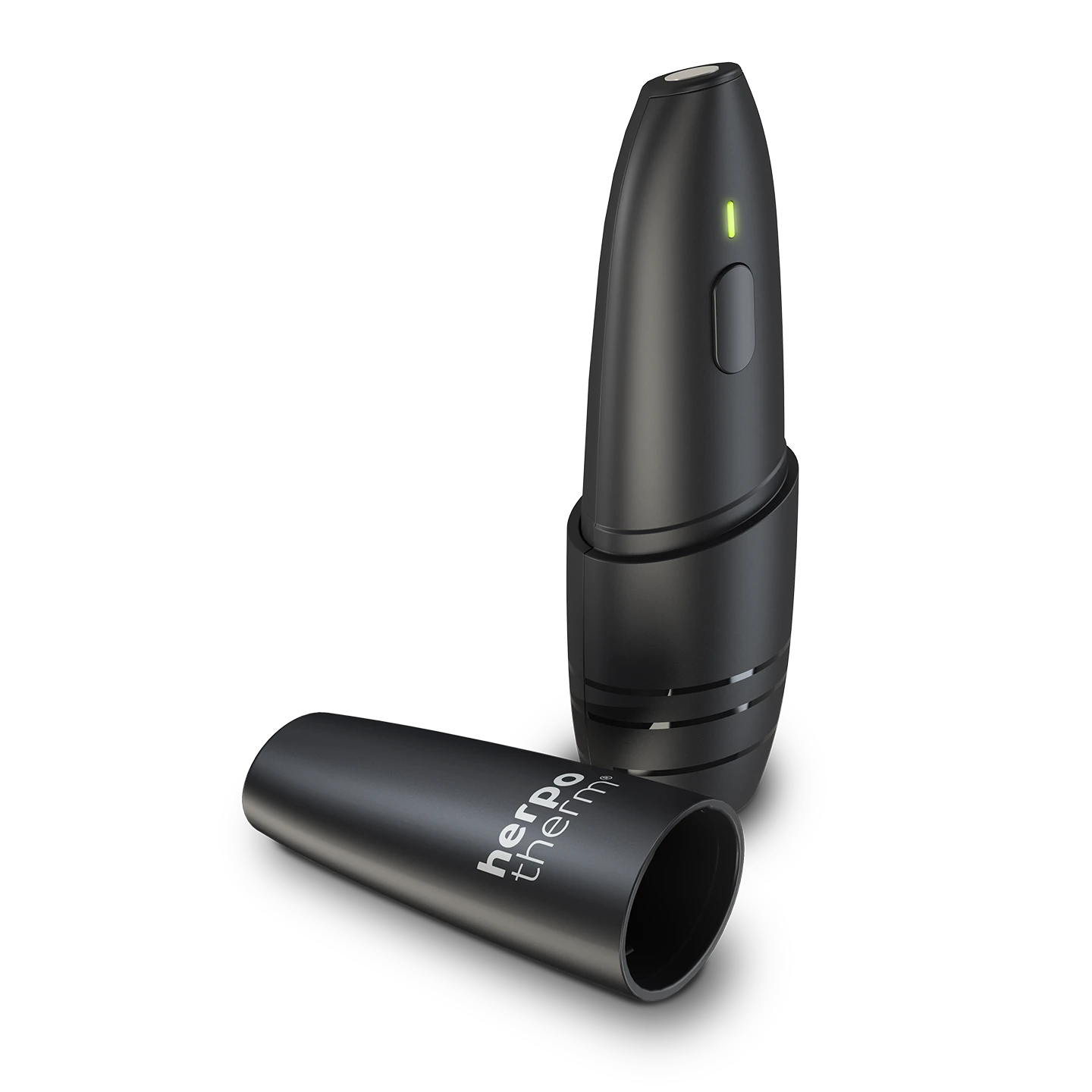 Schwarzes, stiftförmiges herpotherm® neo Gerät mit abgenommener Kappe.