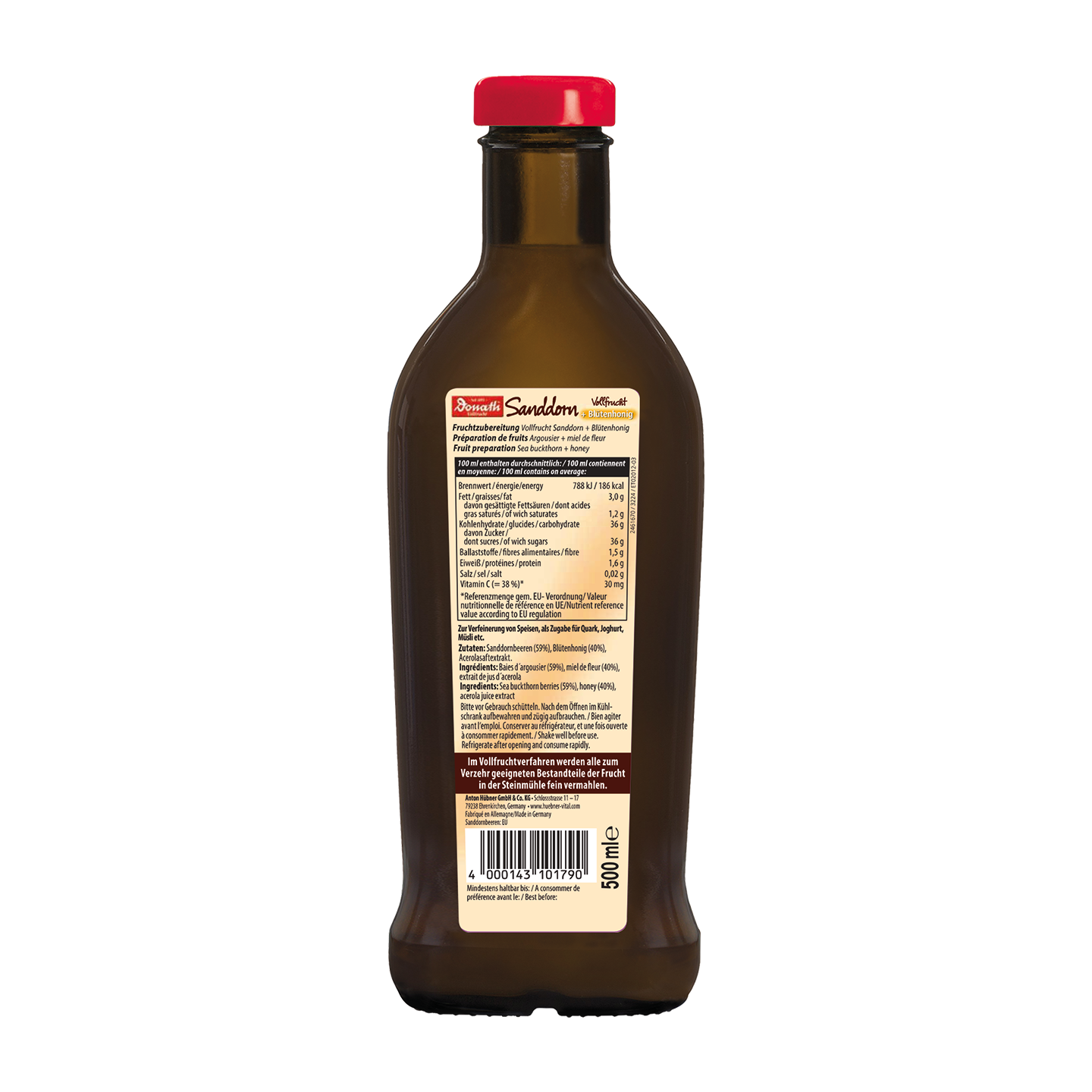Eine braune Glasflasche mit beigem Etikett und Nährwertangaben von hinten betrachtet. Das Fassungsvermögen beträgt 500 ml.