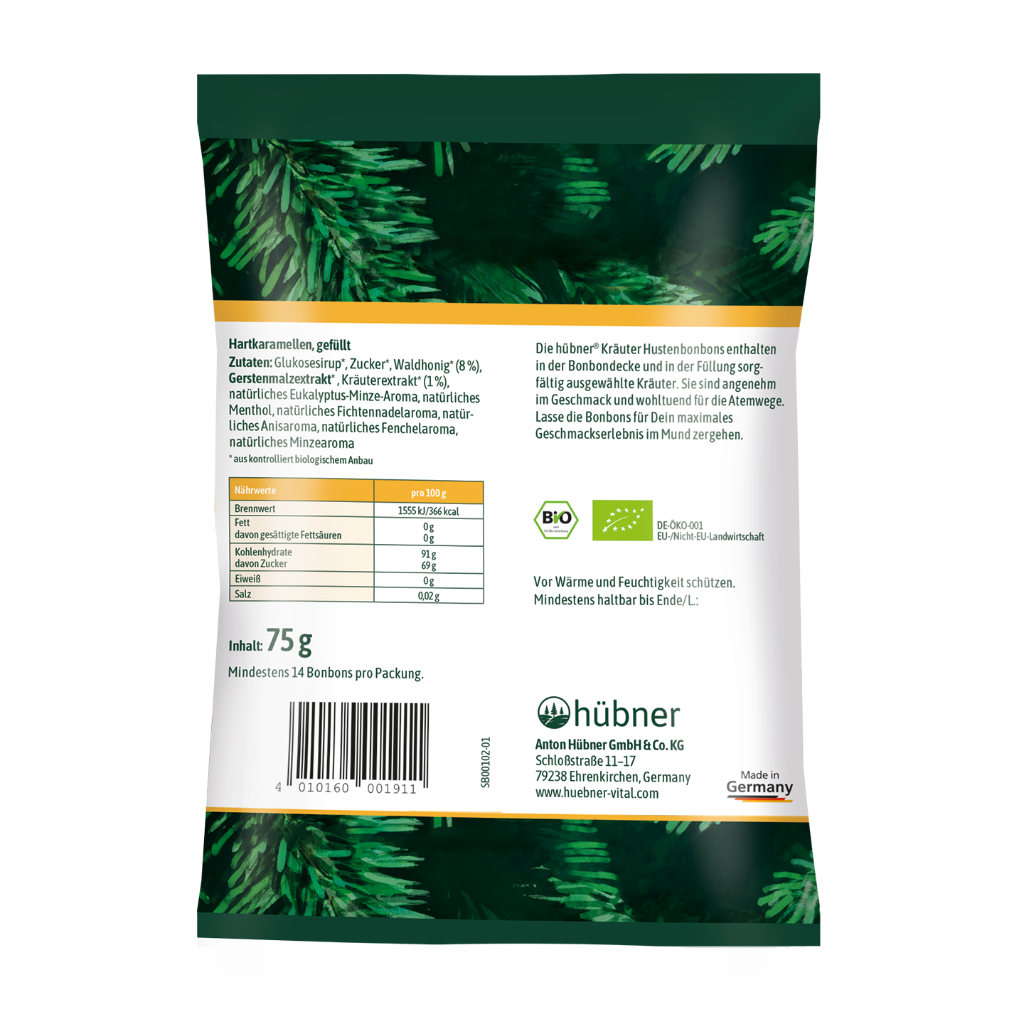 Rückseite einer Hübner-Produktverpackung mit grünem Waldmotiv, Nährwertangaben, Barcode und Text in deutscher Sprache.