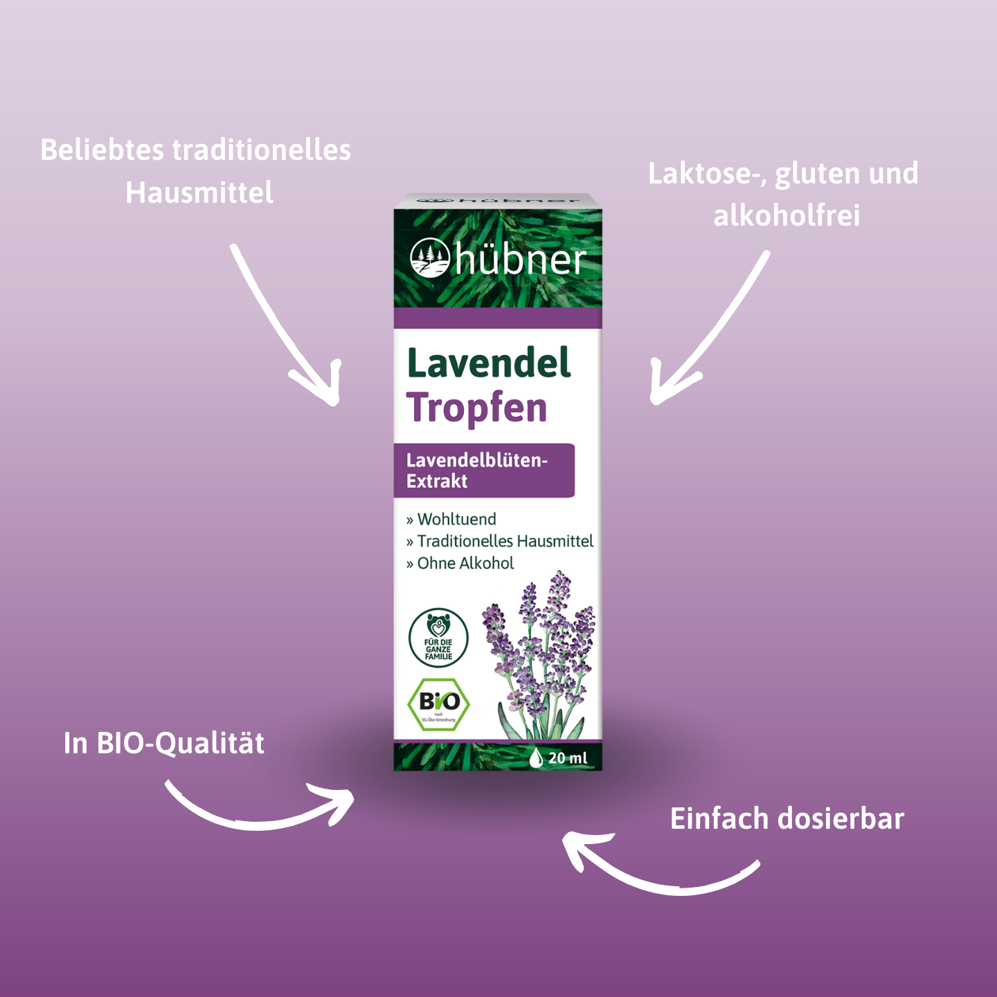 Eine Schachtel Hübner Lavendeltropfen mit Lavendelblüten, Produktdetails und aufgedruckten Vorteilen auf violettem Hintergrund.