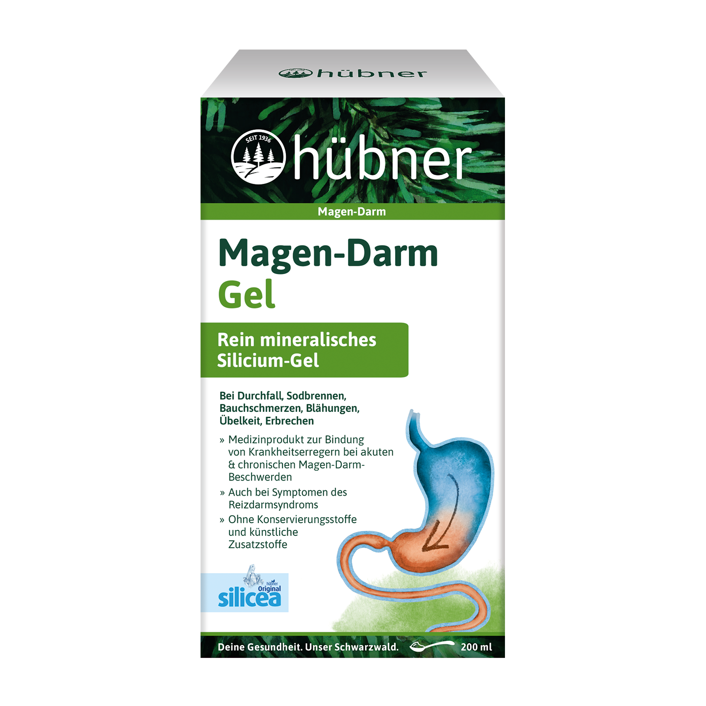 Schachtel Hübner Magen-Darm-Gel mit Abbildung eines Magens und Darms auf der Vorderseite, Text in deutscher Sprache und grünen Akzenten.