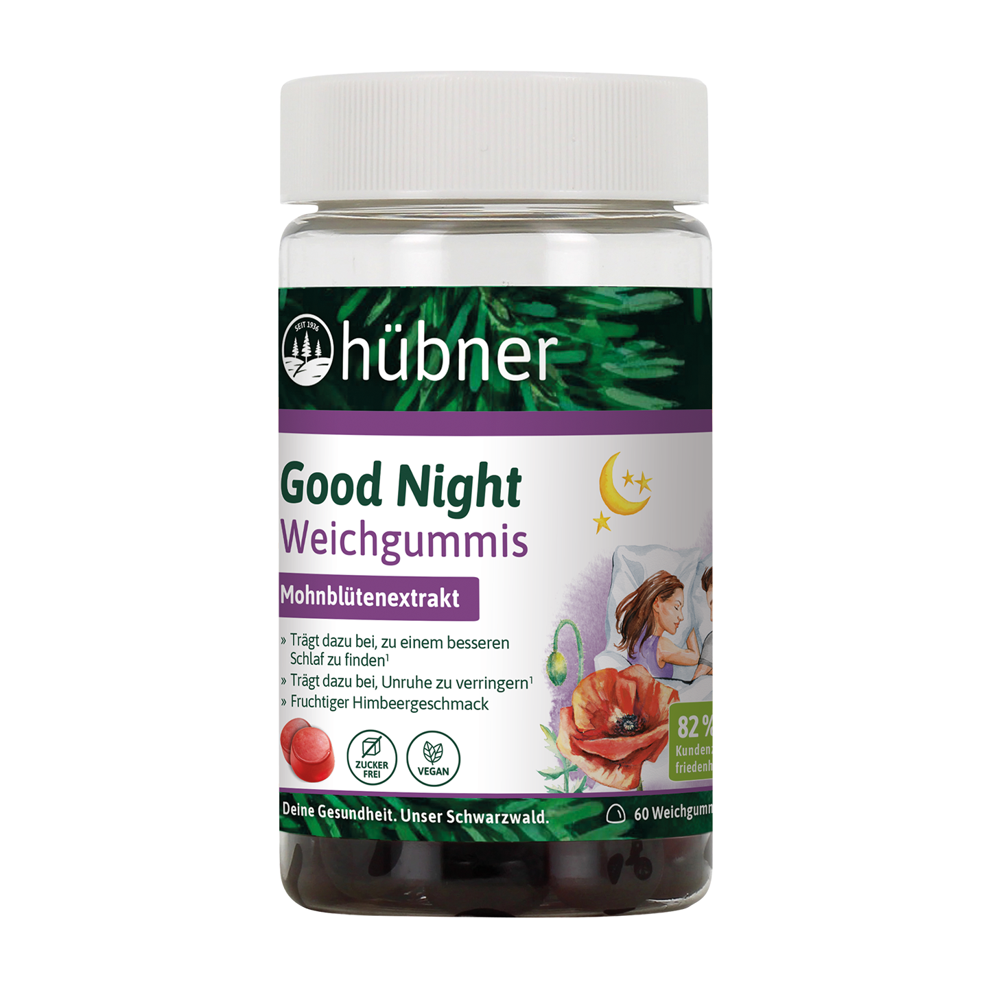 Ein Glas Hübner Gute Nacht Weichgummis mit Mohnextrakt, veganem Etikett und Illustrationen von Mond, Blumen und schlafenden Menschen.