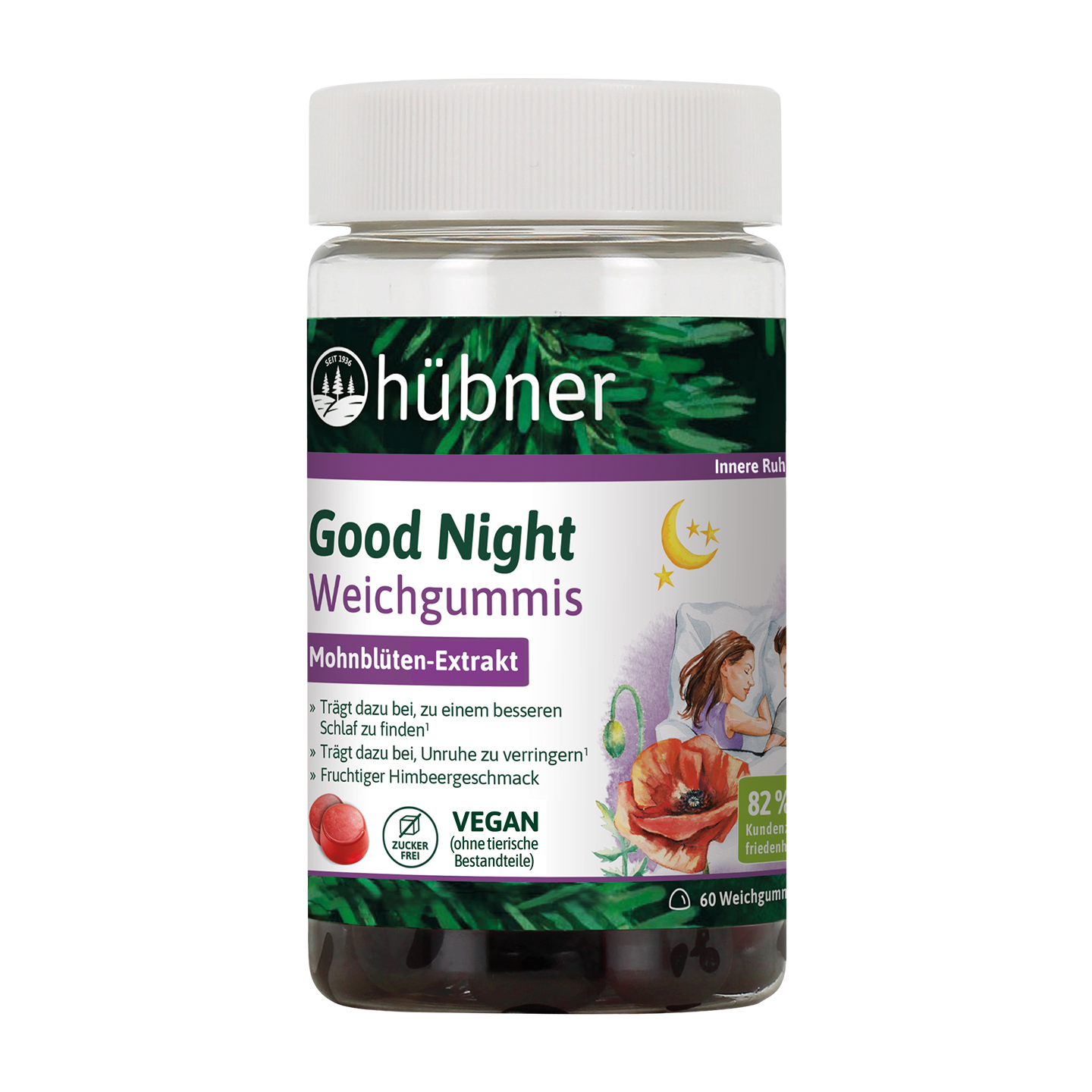 Ein Glas Hübner Gute Nacht Weichgummis mit Mohnextrakt, veganem Etikett und Illustrationen von Mond, Blumen und schlafenden Menschen.