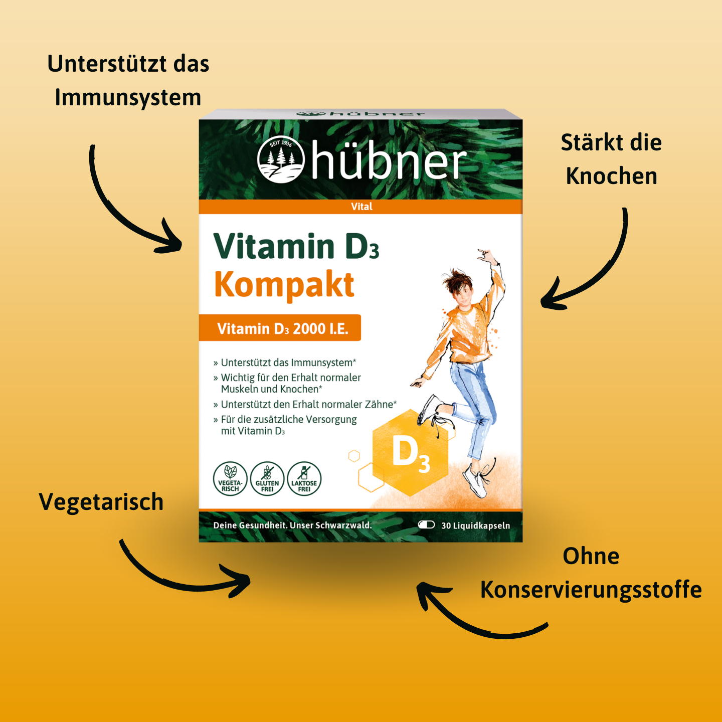 Vitamin-D3-Ergänzungsbox mit hervorgehobenen Vorteilen: Unterstützung des Immunsystems, Knochenstärke, vegetarisch und ohne Konservierungsstoffe.